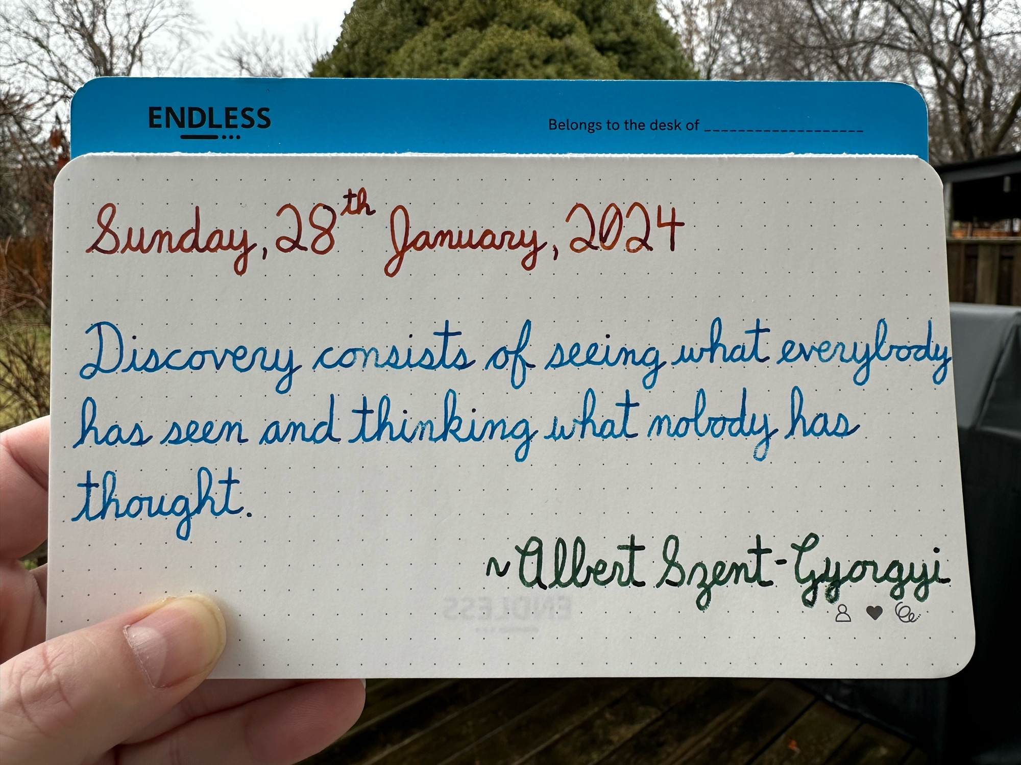 A pen quote of Albert Szent-Gyorgyi that reads, “Discovery consists of seeing what everybody has seen and thinking what nobody has thought.”

Written in Dominant Industry Ginger Chicken and Pelikan Edelstein Topaz & Olivine.