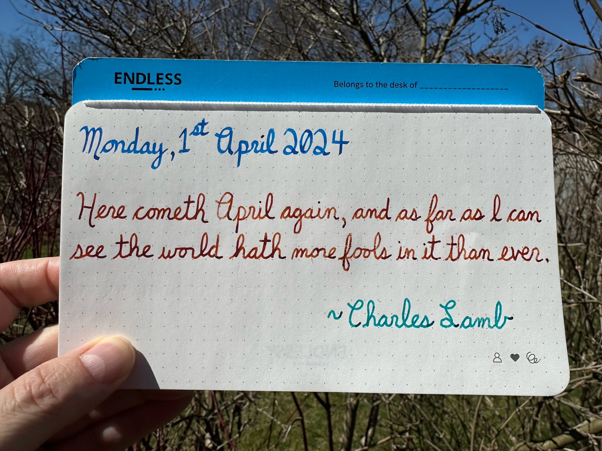 A pen quote of Charles Lamb that reads, “Here cometh April again, and as far as I can see the world hath more fools in it than ever.”

Written in Pilot Iroshizuku Kon-Peki, Dominant Industry Ginger Chicken and Pelikan Edelstein Apatite.