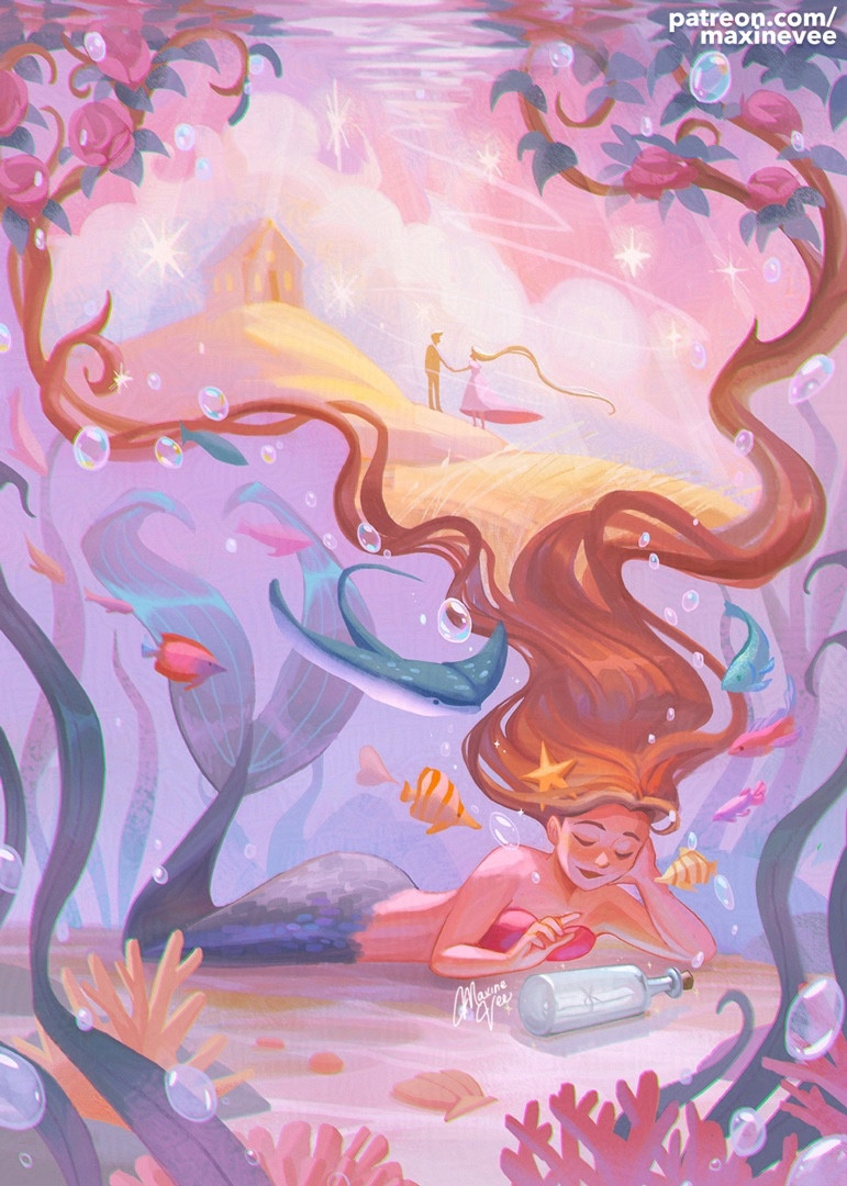 A surreal dreamy illustration of a mermaid resting looking at a message in a bottle as she dreams of another life as her long hair wraps around the painting to form a scenario of a couple