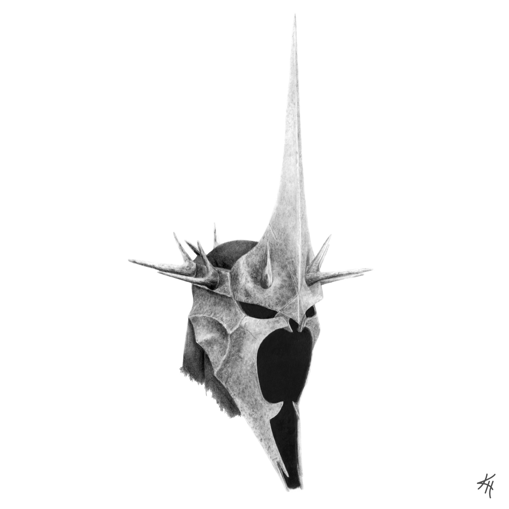 A very detailed, carefully shaded pencil rendition of the helm of Witch-King from Lord of the Rings