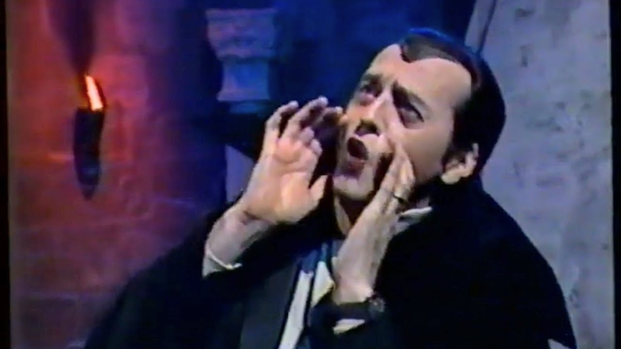 Still of SCTV Count Floyd, a Dracula character, shown mid-howl.
