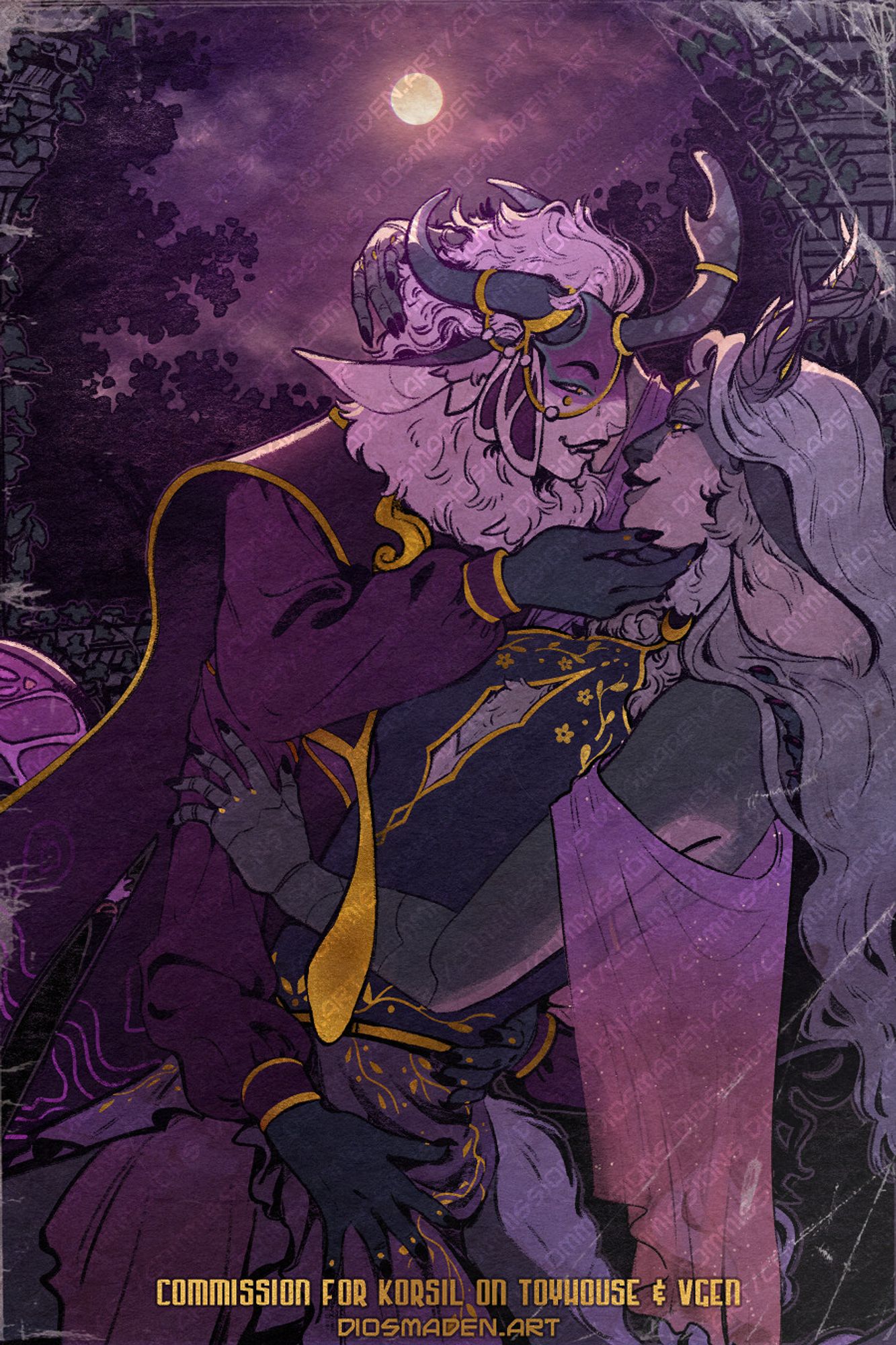 A full colour illustration evocative of an old 80s romance cover, featuring two fantastical fae characters who embrace on a balcony under the light of the moon. The image has a purple tinge to it, accented with bright gold.