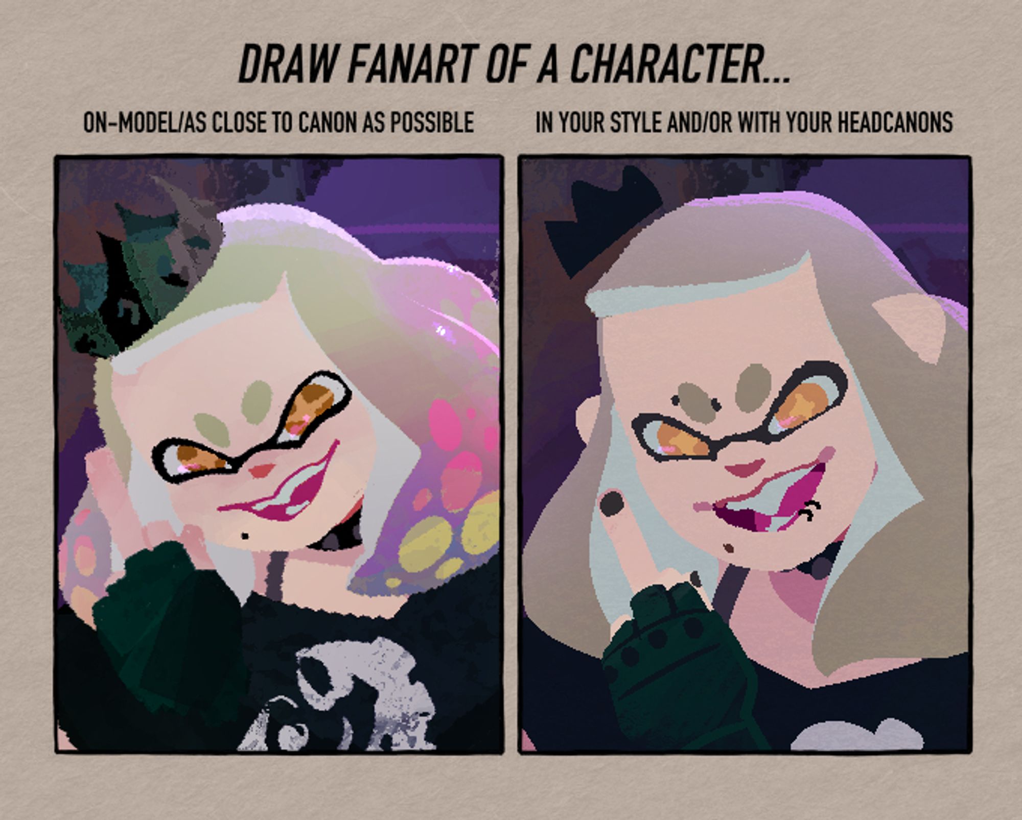 meme challenge to draw a character on model and then in your own style, depicting pearl from splatoon. left is on model, right is more simplified with slightly different facial proportions