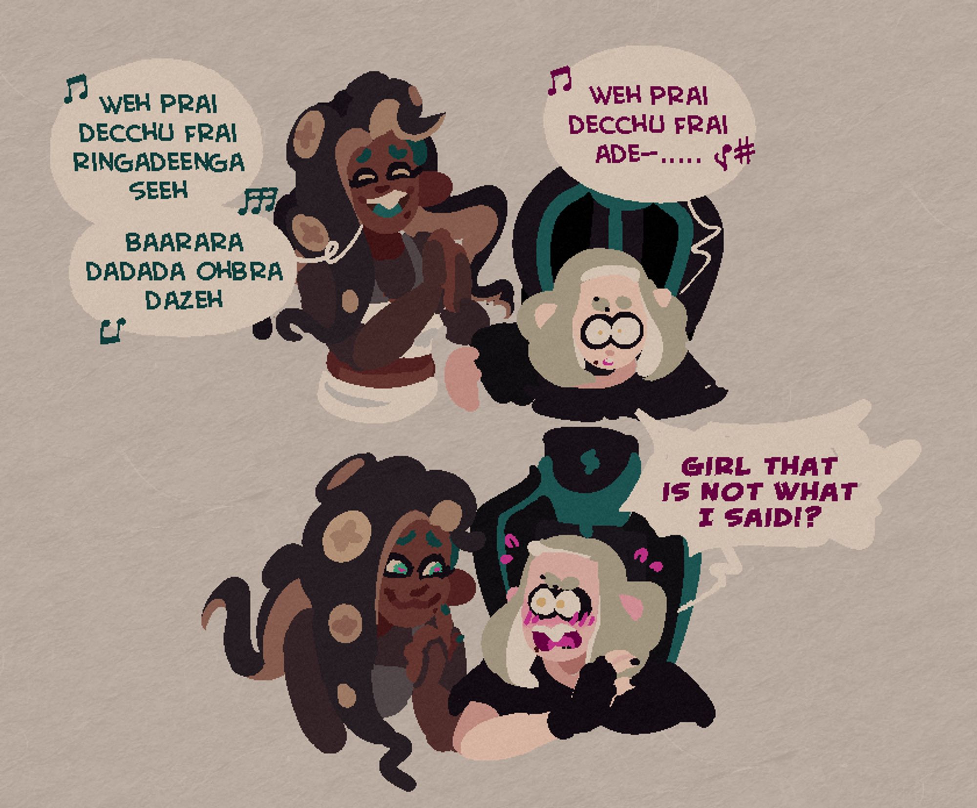 They sing the gibberish lyrics, but marina quickly goes off script to Pearl's surprise. Her eyes go wide and she turns bright pink as she exclaims "GIRL THAT IS NOT WHAT I SAID!?" and marina smiles at her cheekily.