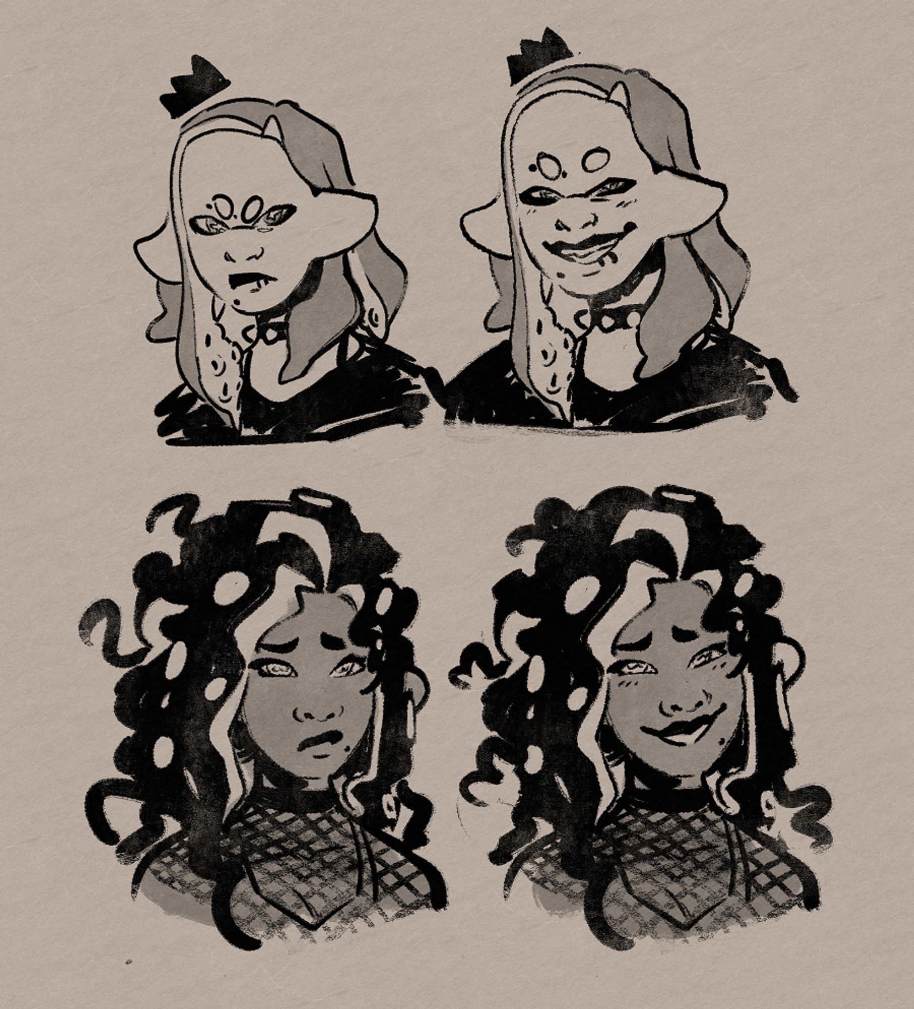 pearl and marina from splatoon in their springfest outfits drawn in a still stylised but more semirealistic style than their canon designs