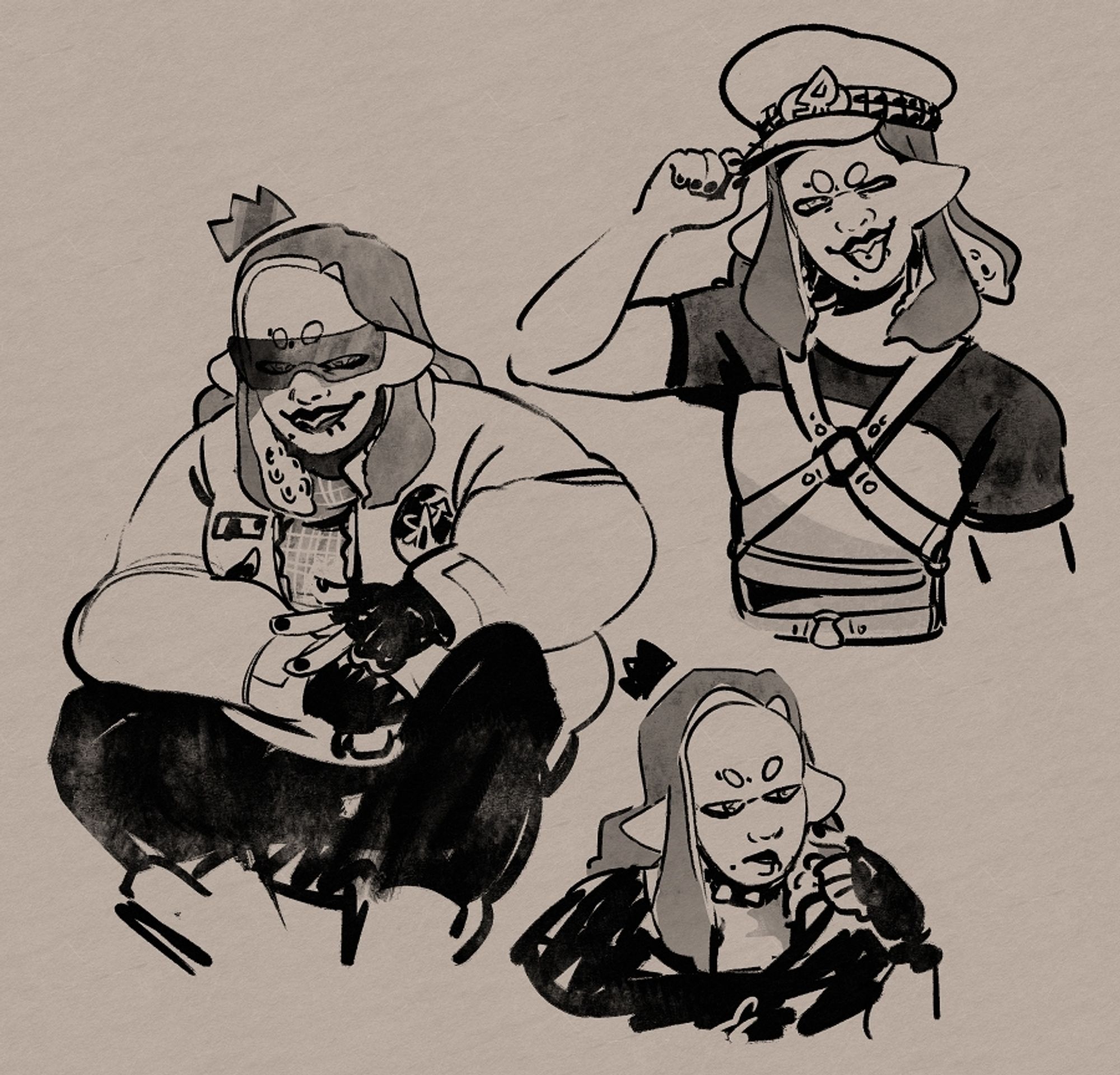 3 drawings of pearl from splatoon, one squatting in her world tour outfit, one sticking her tongue out and tipping her hat in her grand fest outfit, and one scratching her cheek on her springfest outfit