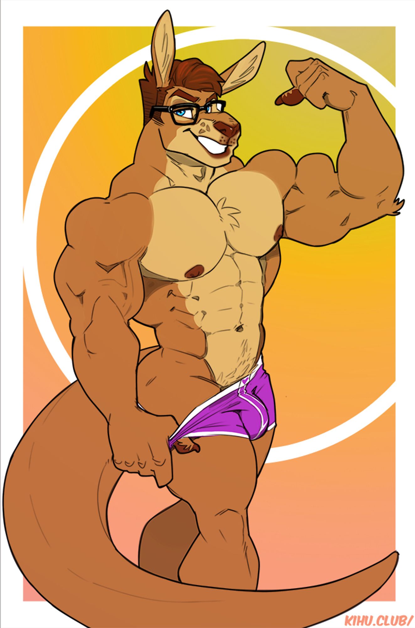 A muscular kangaroo in glasses flexes while grinning at the camera