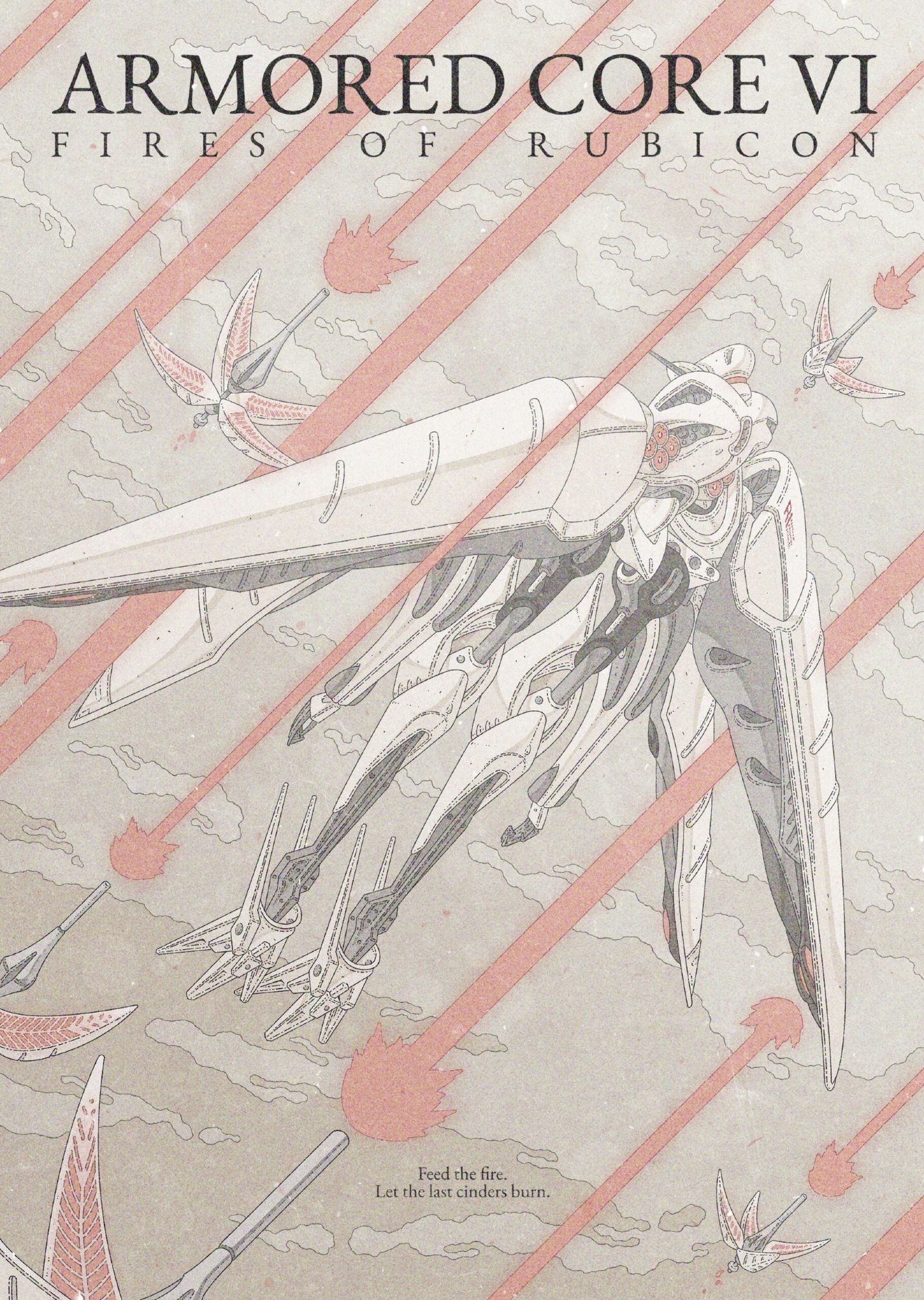 Color illustration of IB-01: CEL 240, from Armored Core VI, flying surrounded by the coral-red lasers of its orbital weapons and propulsors. The name of the game can be seen on the top part of the image, and the"Feed the fire..." slogan is at the bottom.