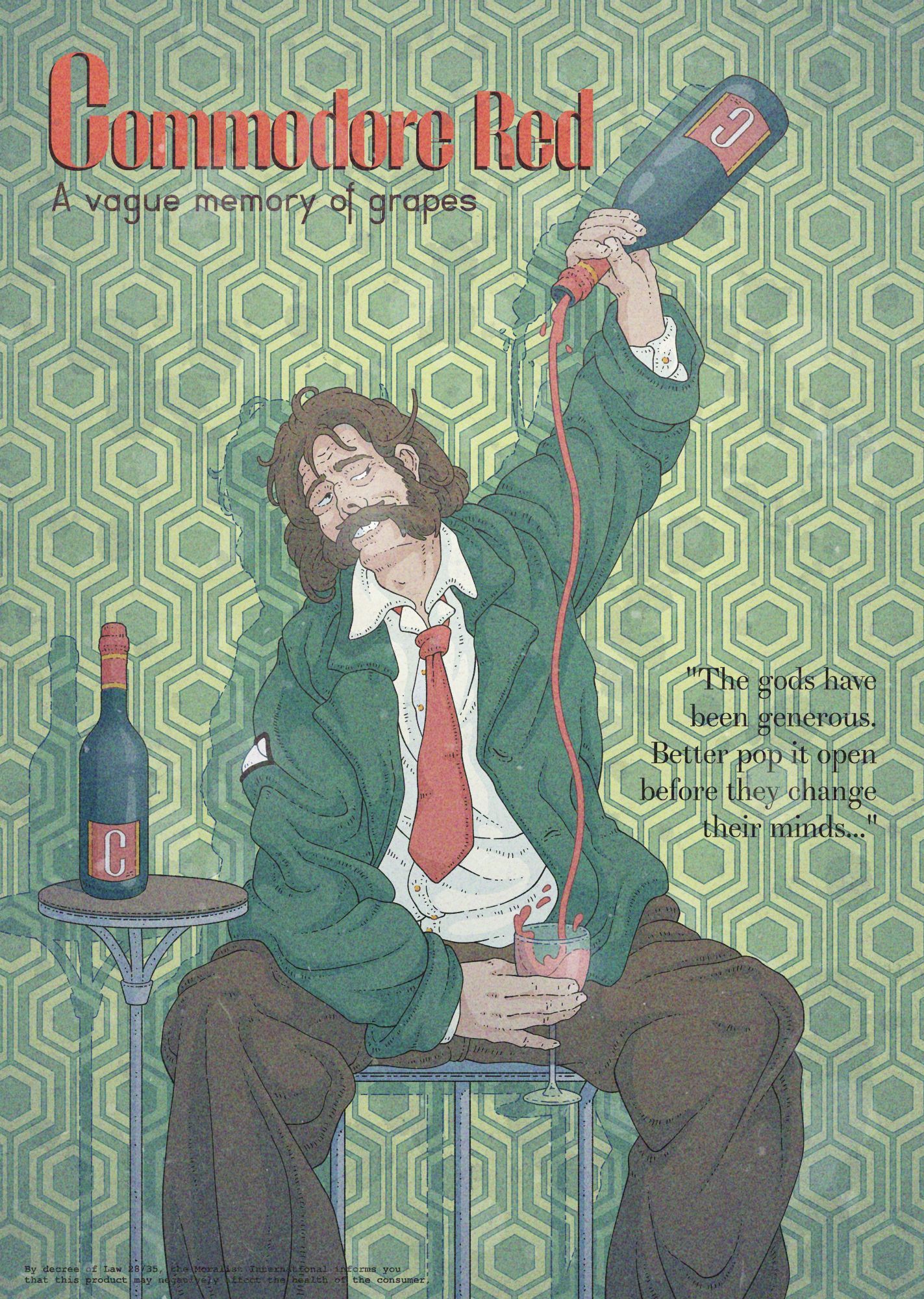 Color illustration, imitating and art-nouveau advertisement. It depicts Harry Du Bois, advertising the "Commodore Red" wine.