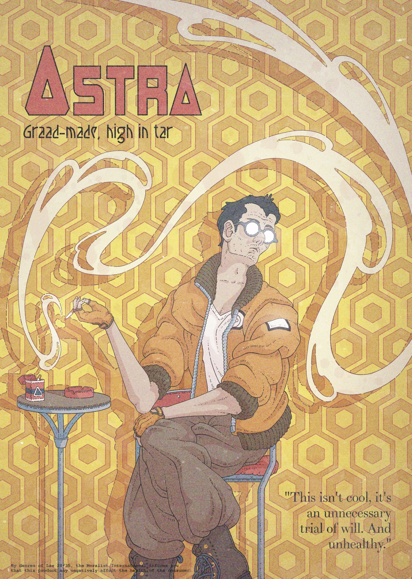 Color illustration, imitating and art-nouveau advertisement. It depicts Kim Kitsuragi, advertising the "Astra" cigarettes.