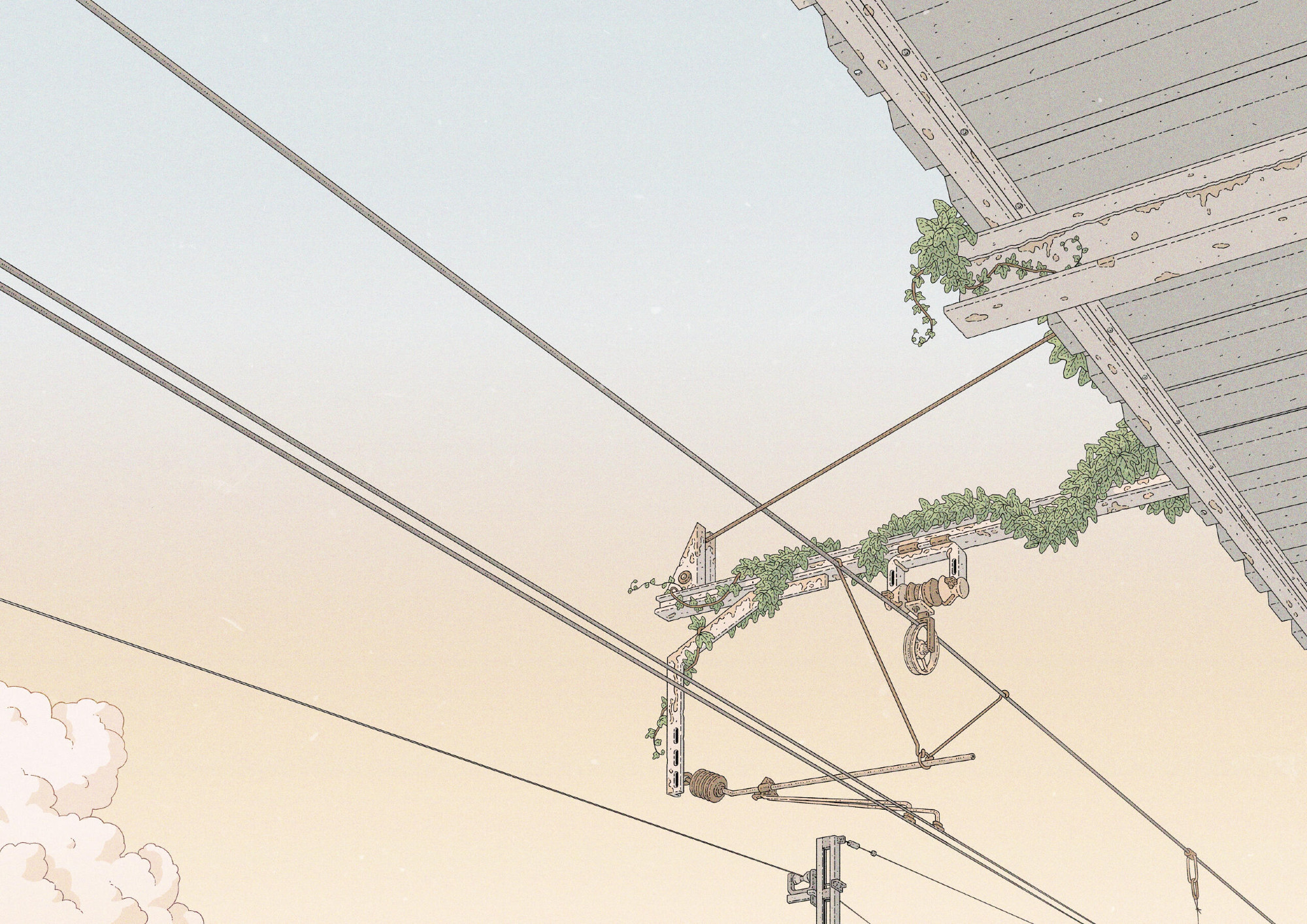 Color illustration showing the cables and part of the roof of a train station against a sunrise sky. Ivy is growing on part of the structure.