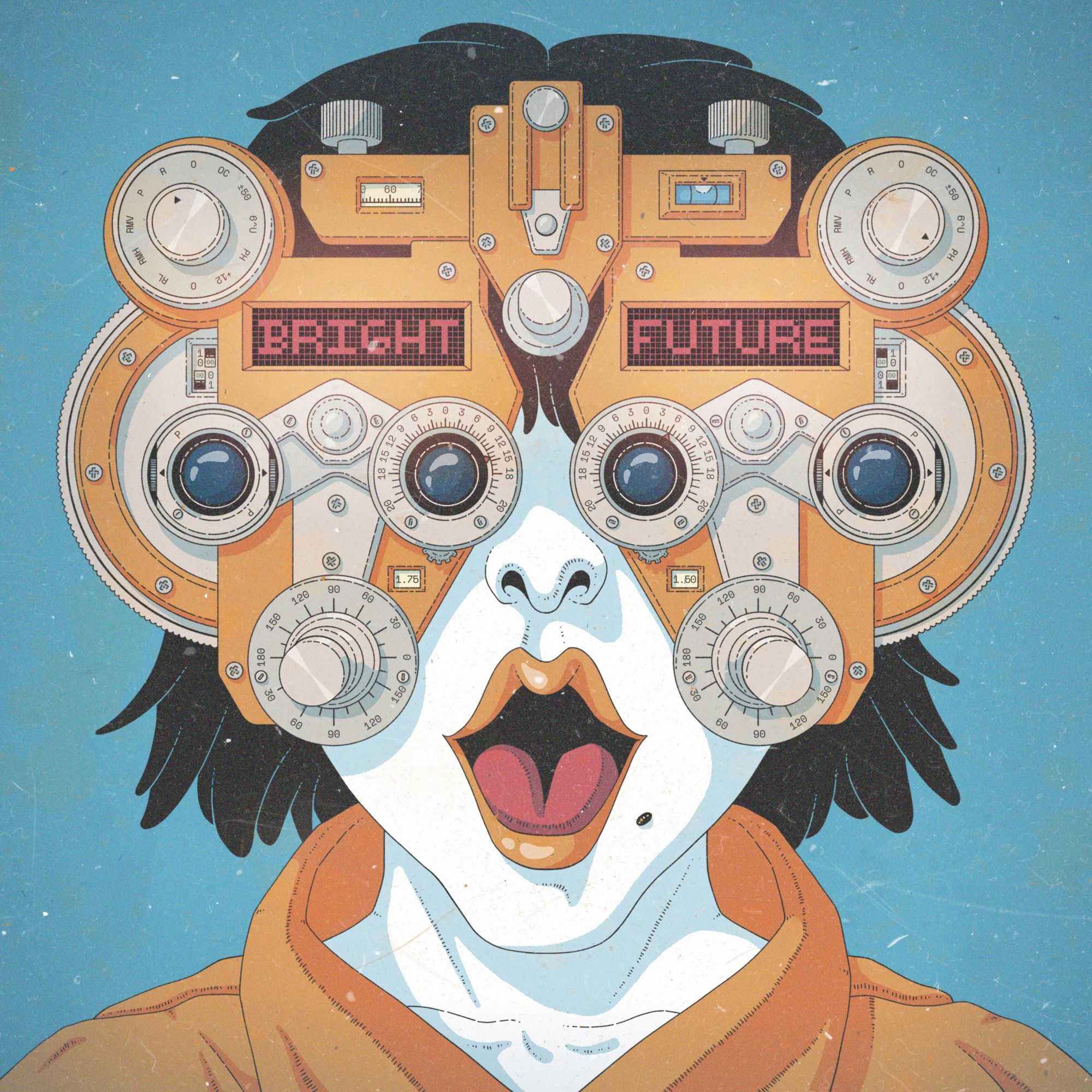 Color illustration, in orange and blue colors, of a young person wearing a phoropter. The phoropter has two screens which say "BRIGHT FUTURE". Their face has a surprised, happy expression.