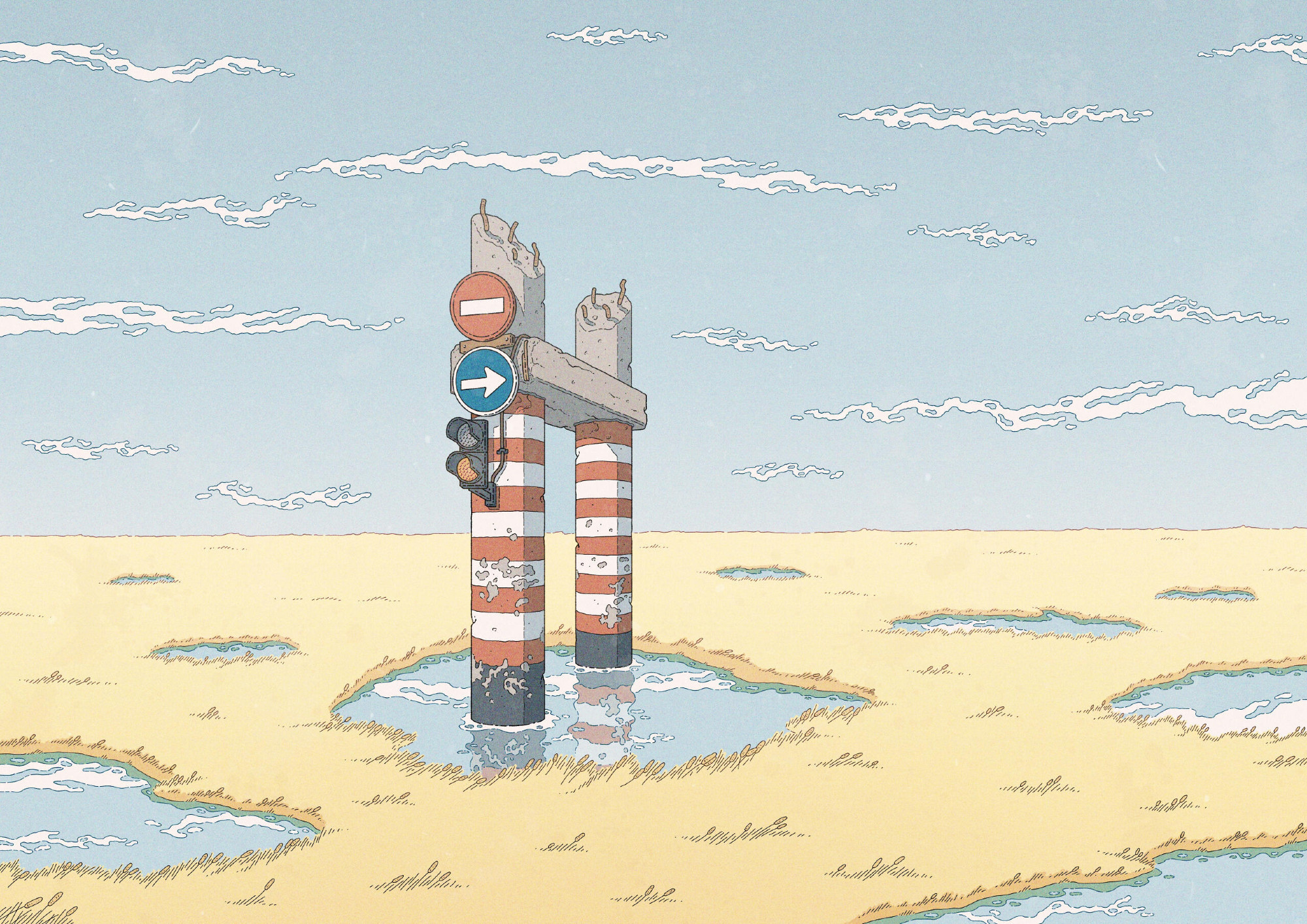 Color illustration. It shows the ruins of two bridge pillars, with red and white stripes, standing on a yellow field. The field has puddles which reflect the blue cloudy sky.