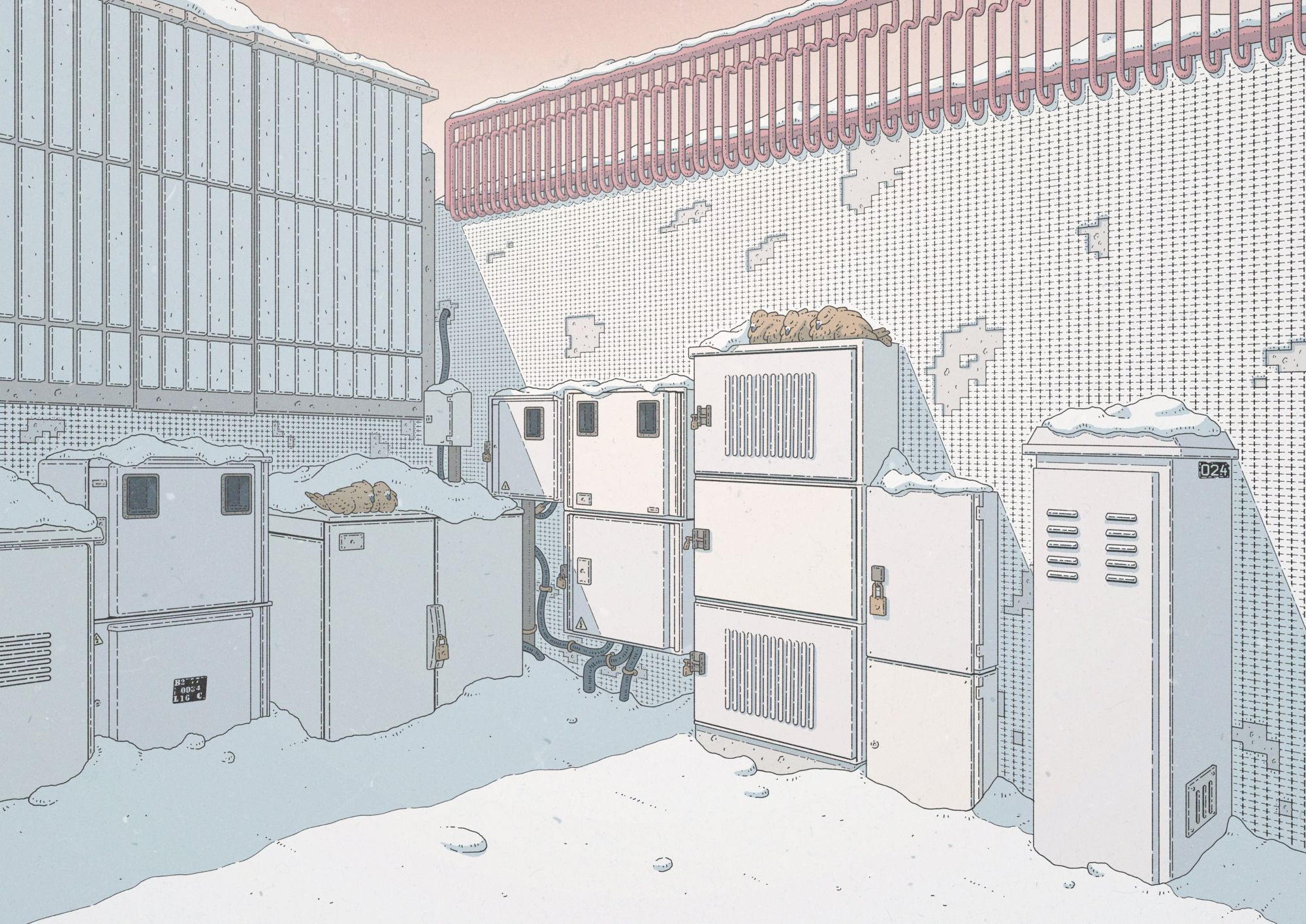 Color illustration showing a snowed corner of a city at sunrise. Several electrical boxes can be seen,with two groups of brown pigeons sleeping atop some of them.