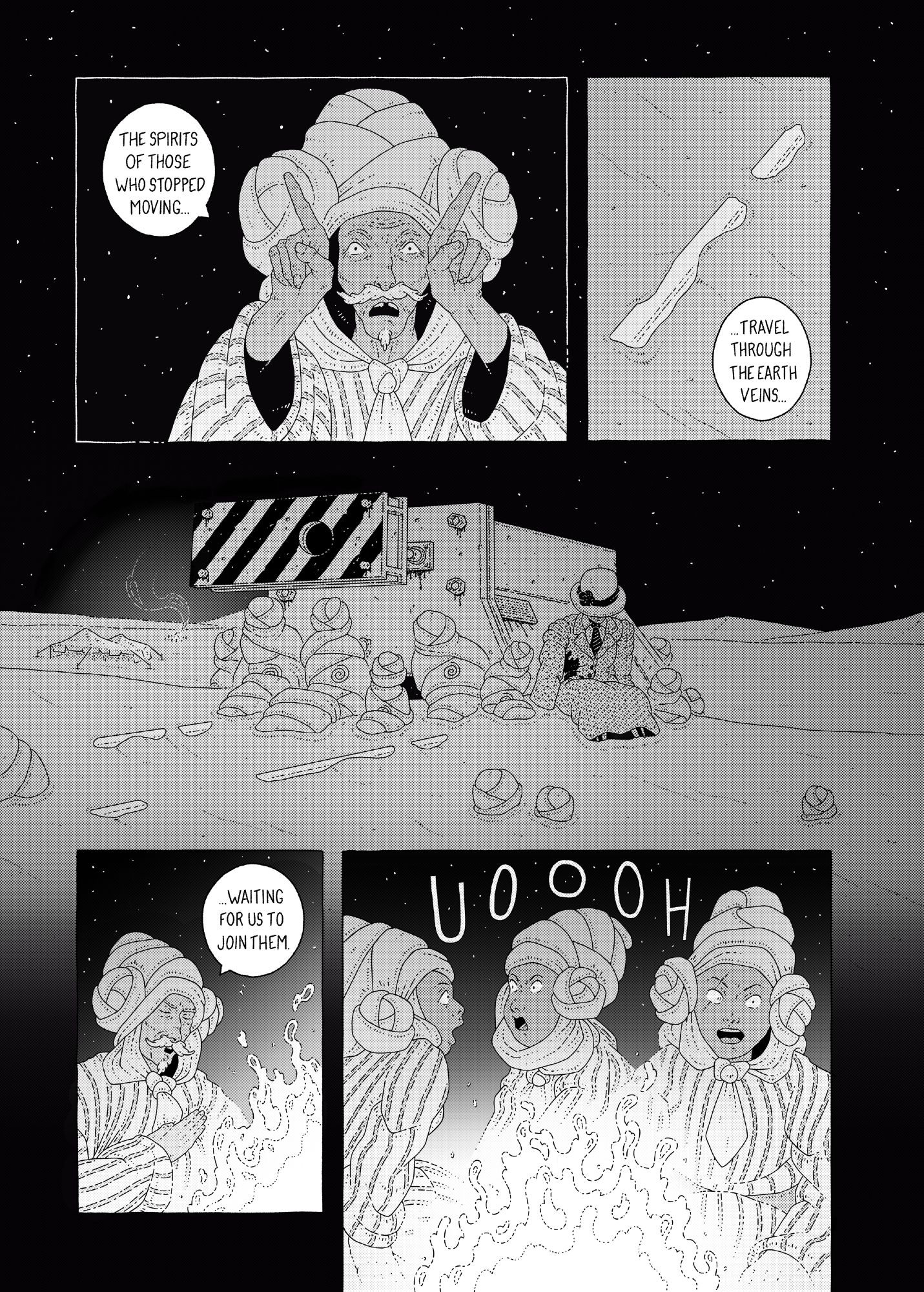 Black and white comic page, showing an elder of a nomad group telling stories about a friction buffer, which lays in the middle of the desert, to a group of children. The group has set camp arount it.