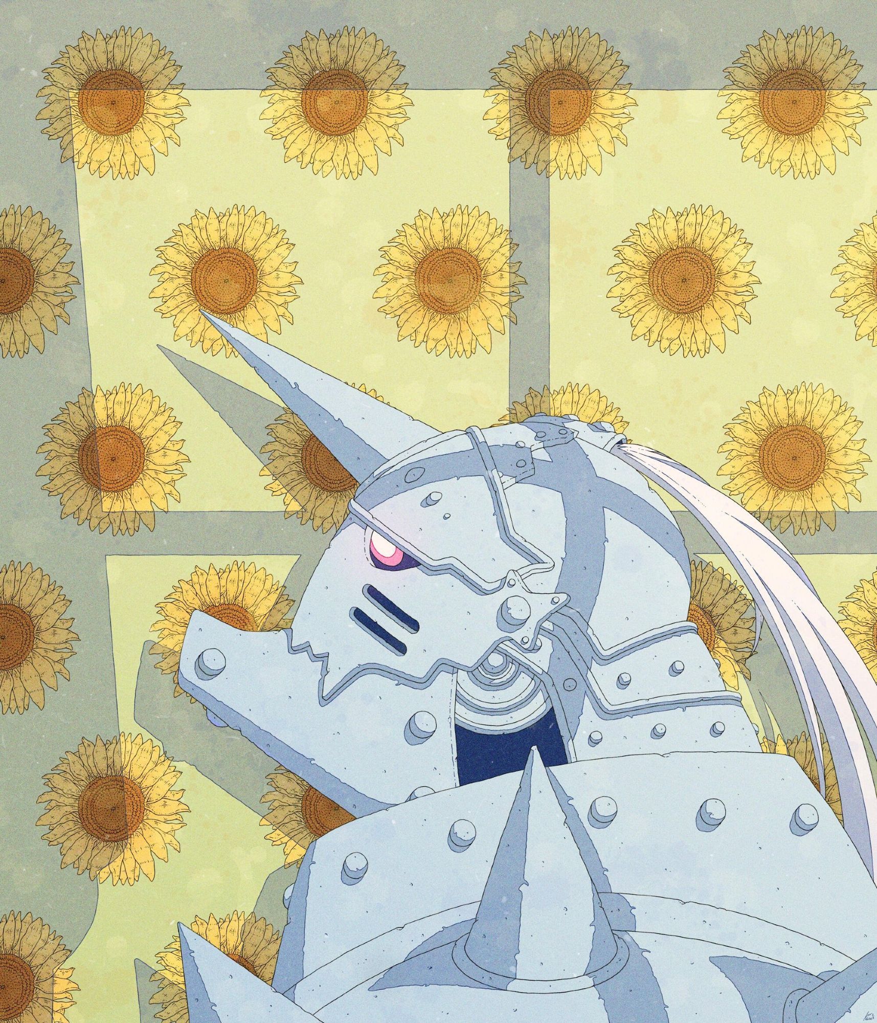 Color illustration of Alphonse posing againts a sunflower wallpaper. The drawing has a soft and colorful color pallete.