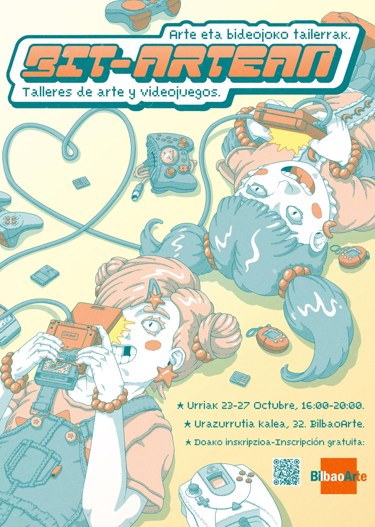 Poster in orange, yellow and turquoise tones. It contains information about the event, a logo in Y2K style and an illustration. The illustration consists of two children lying on the floor playing with Game Boys. The consoles are connected by a cable, whic