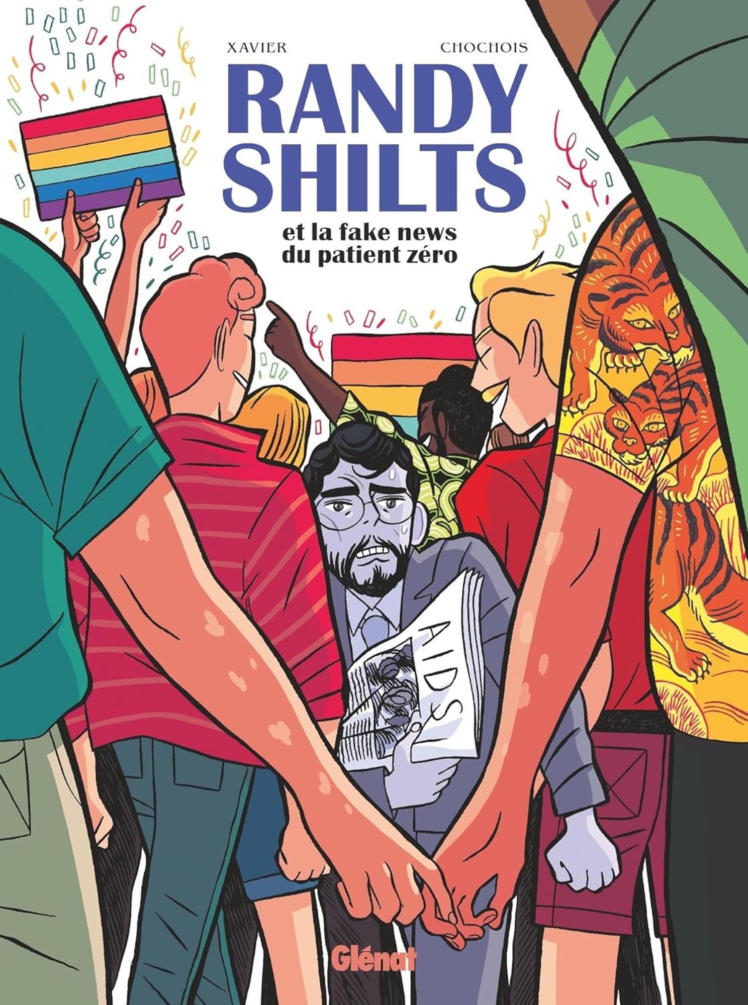 Couverture de la BD Randy Shilts. Un homme "gris" avec un journal (titré AIDS, soit SIDA)  se sent mal à l'aise. Il est entouré d'hommes se tenant la main. Il est manifestement au milieu de la Gay Pride. Des drapeaux LGBT sont brandis, et des confetti sont lancés.