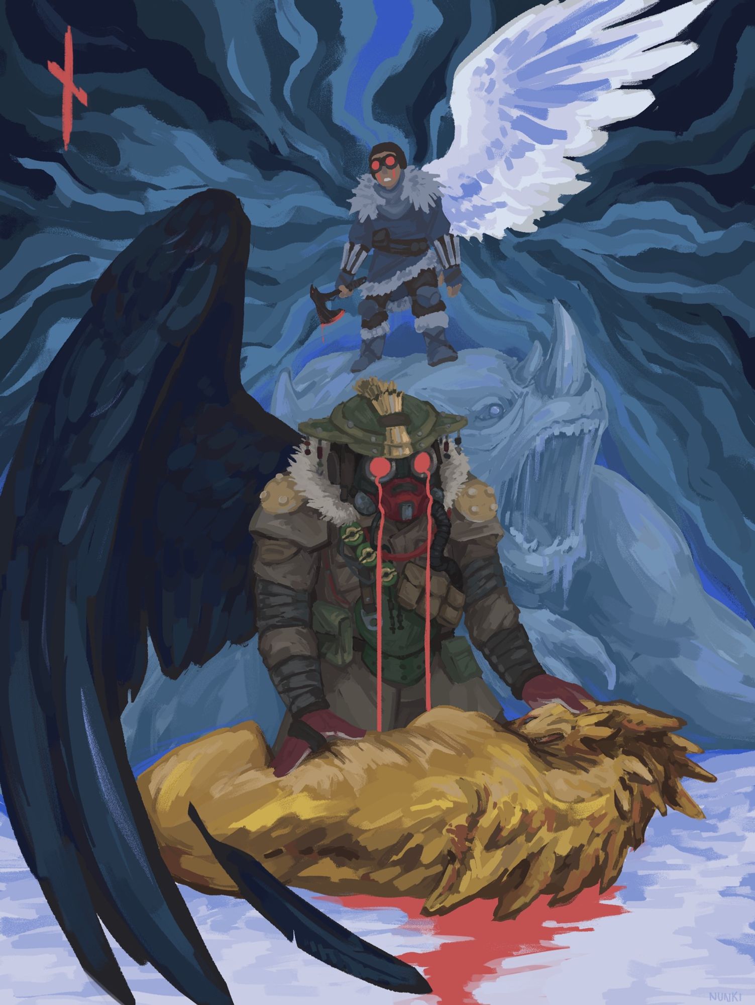 digitally painted piece of Bloodhound from Apex Legends, pictured in the foreground mourning over a dead prowler, and in the background as a child standing atop the prey that changed the trajectory of their life. the child Hound has one white wing & the adult one black wing, mirroring the black & white ravens seen by Bloodhound in the past. 