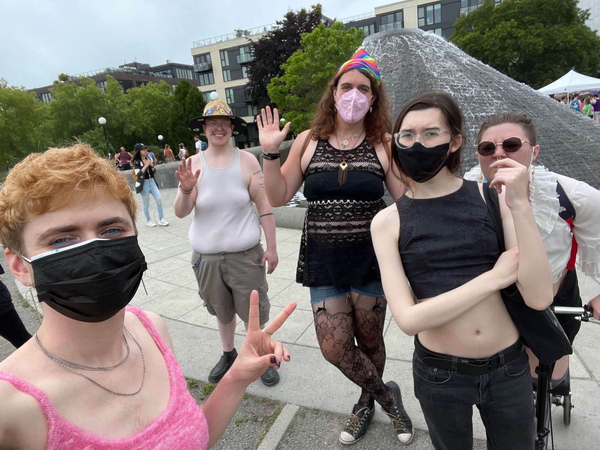 group selfie of me with some friends, masked up walking around Seattle Pride