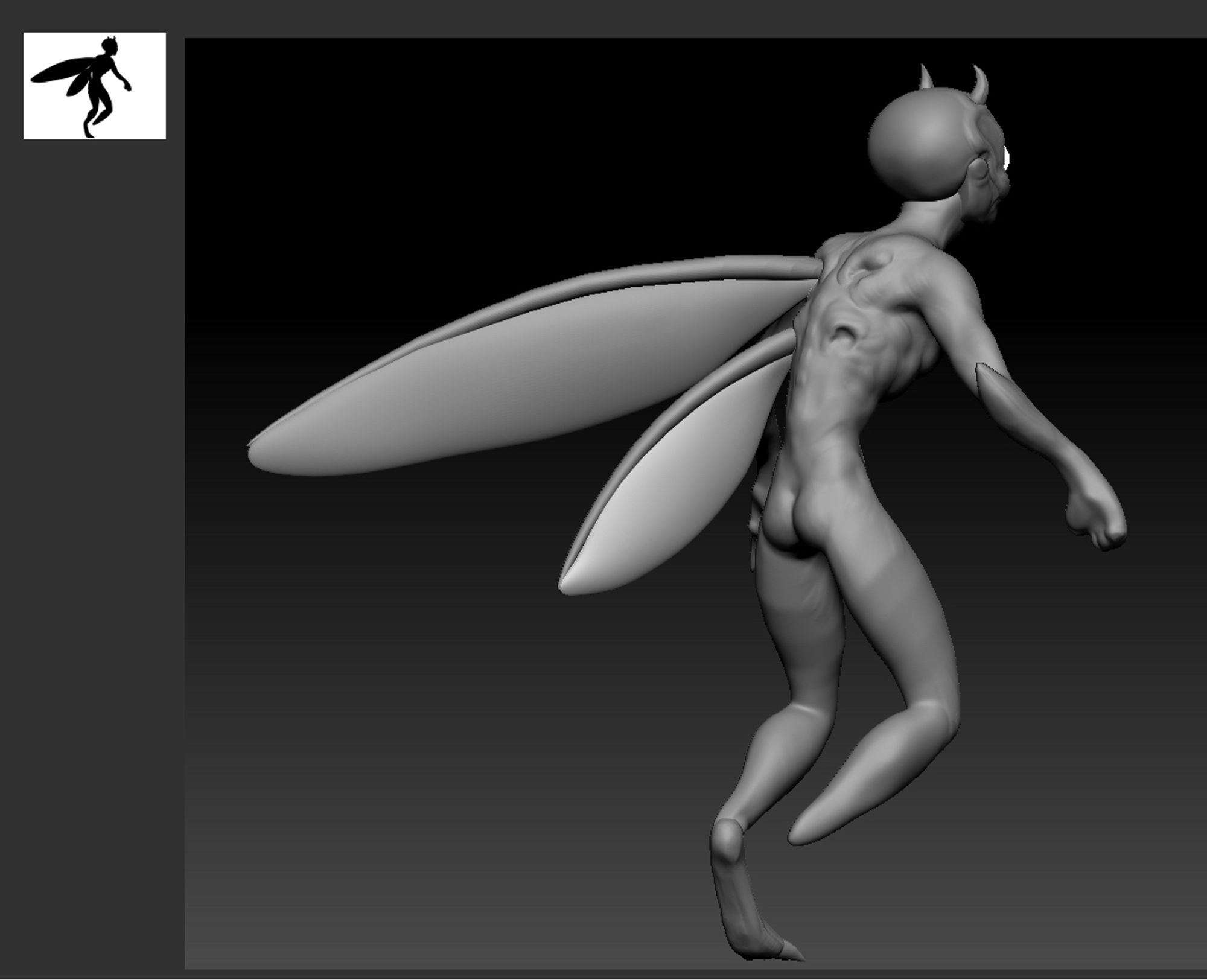 rough block out of a goblin-looking creature sculpt with big white eyes and fairy wings (from the back)