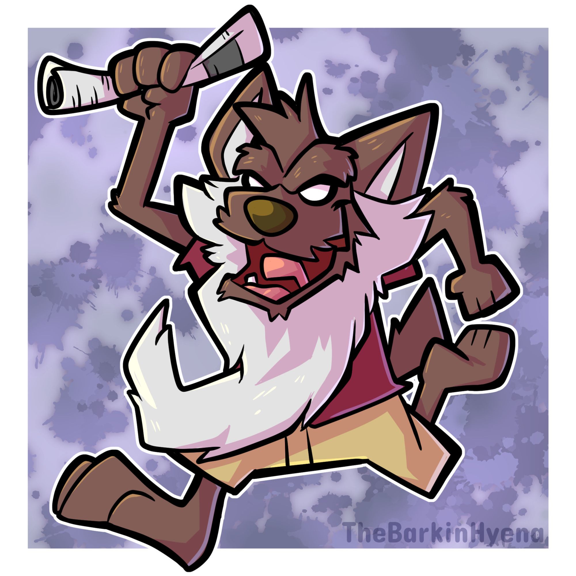 An elderly werewolf with a long beard runs toward the viewer while holding a rolled up newspaper.