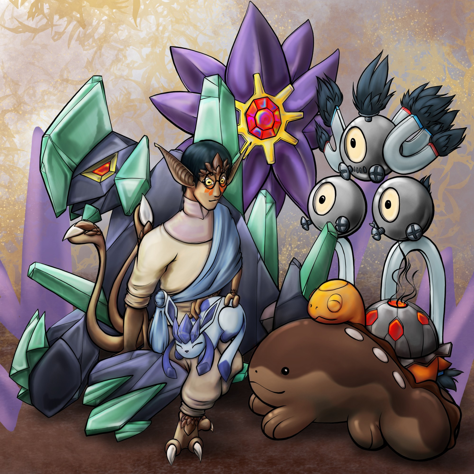 My Scorlic OC, Troy, and his Pokemon Team! Starmie, Sandy Shocks, a shiny Gigalith, Clodsire, Torkoal and a little lap Glaceon.