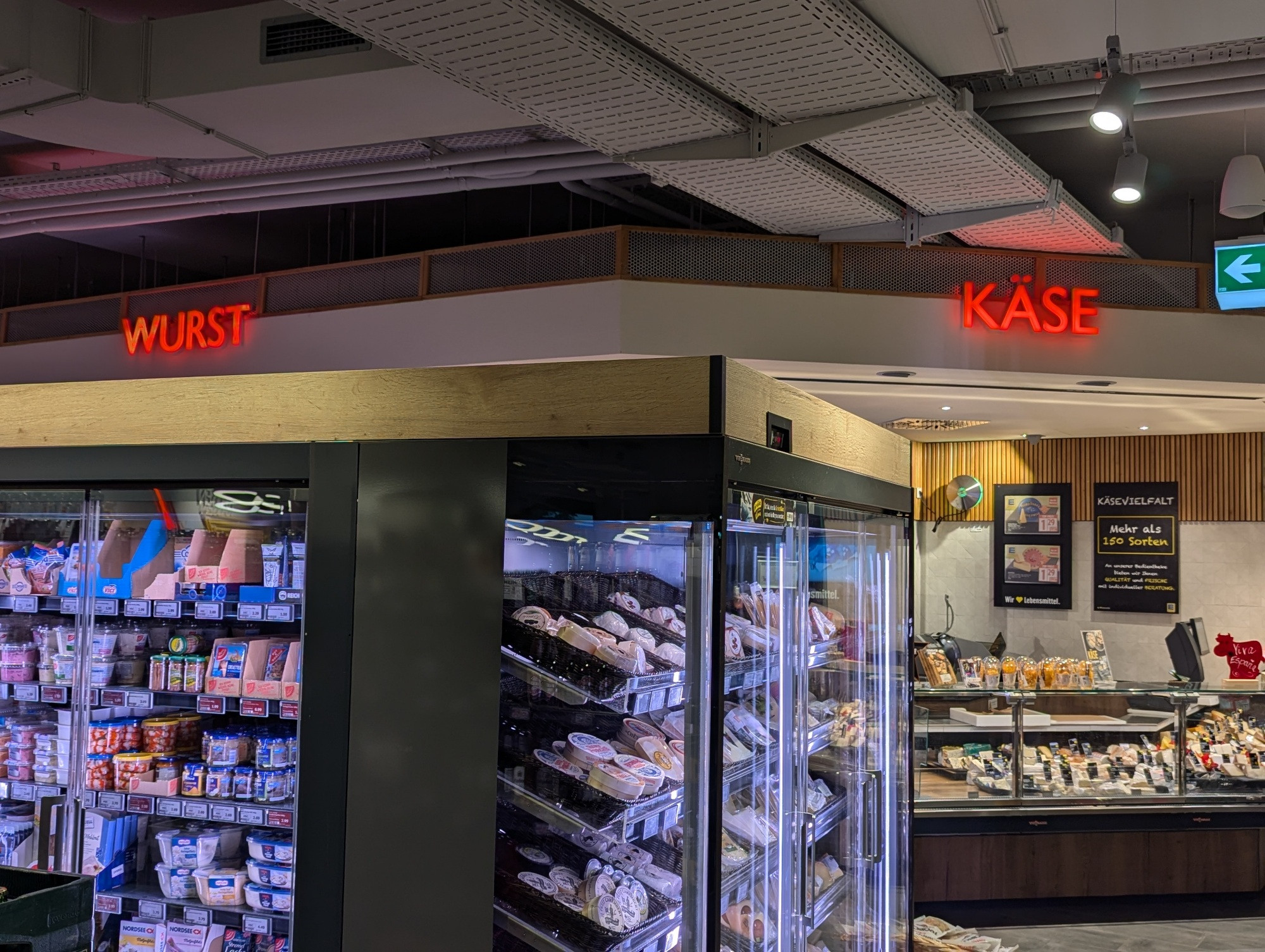Sausages and cheese, German supermarket 
