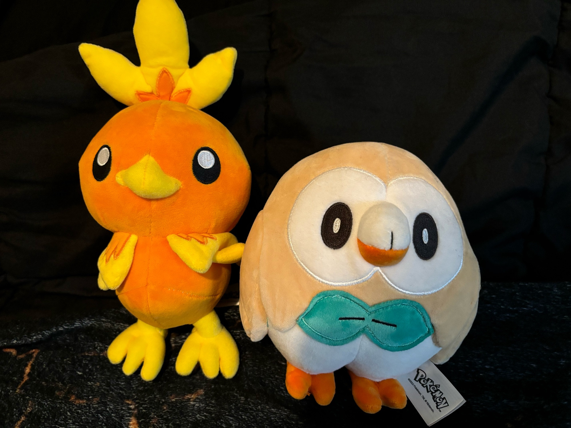 Image of two Pokemon plushies, Torchic (Lux) and Rowlet (Alfonso), sitting beside each other. The plushies are about 6 to 8 inches tall--I don't know!