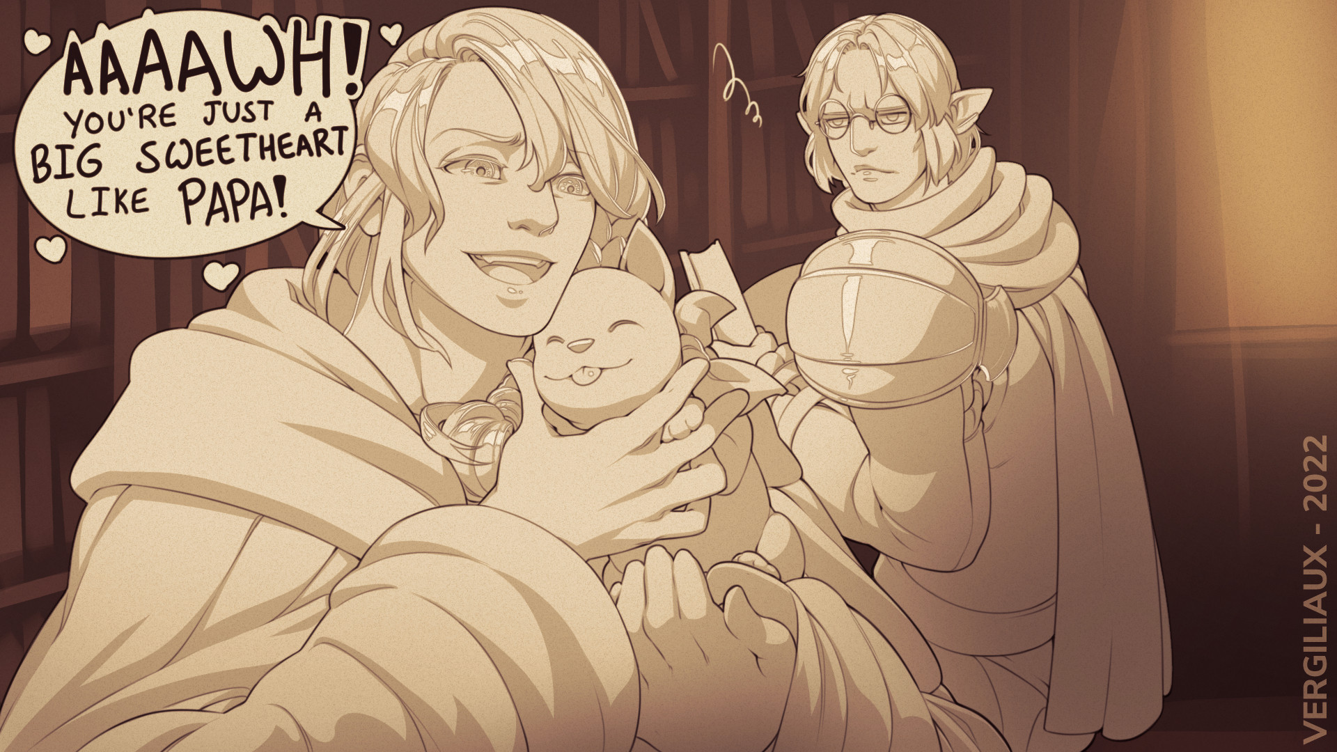 Sepia-toned digital drawing of Hythlodaeus holding Ferdinand. Vergiliaux is in the background with a grumpy face expression. Hythlodaeus says: "Awh! You're just a big sweetheart like papa!"