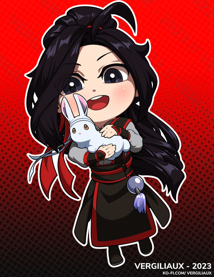 Artwork by Vergiliaux depicting a joyful chibi Wei Wuxian holding a white rabbit with light brown eyes, imitating Lan Wangji; the rabbit has the headband signifying a blood-relative of the Lan Clan of Gusu.