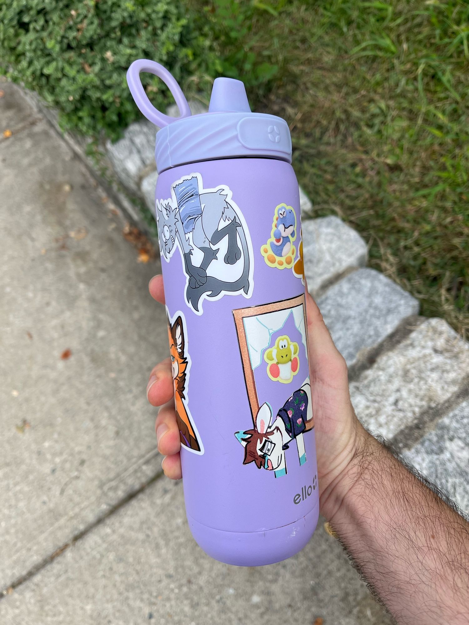 Pic of me holding my lavender water bottle, stickers including my roo hanging through a shattered window, a yoshi doing a ground pound right above me, another yoshi doing a flutter jump, kriscritter being hung up with duct tape and making a grin