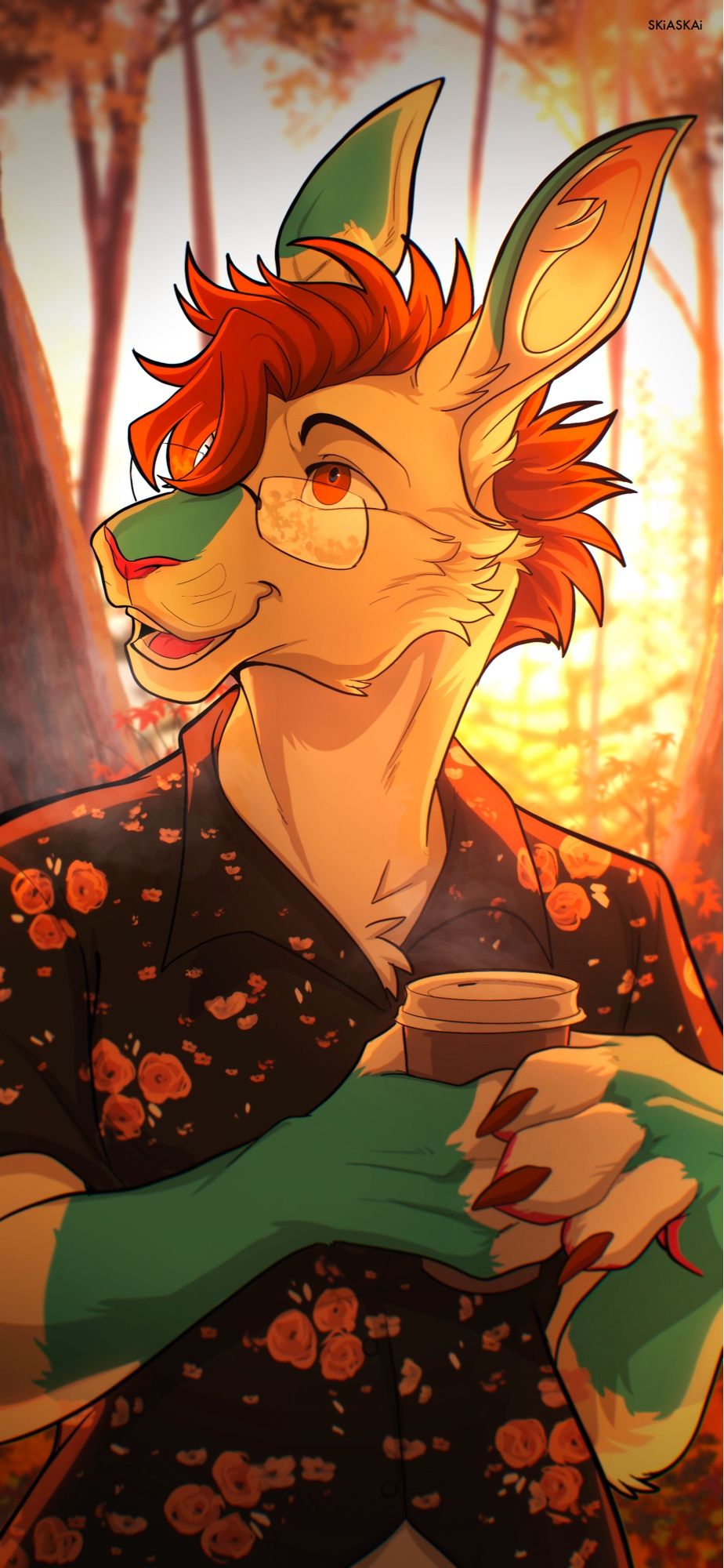 Lockscreen commission of my roo standing in an autumn sunset scene, marveling at the leaves and holding a hot coffee, you can see the steam from the coffee as well as my breath in the cool autumn air