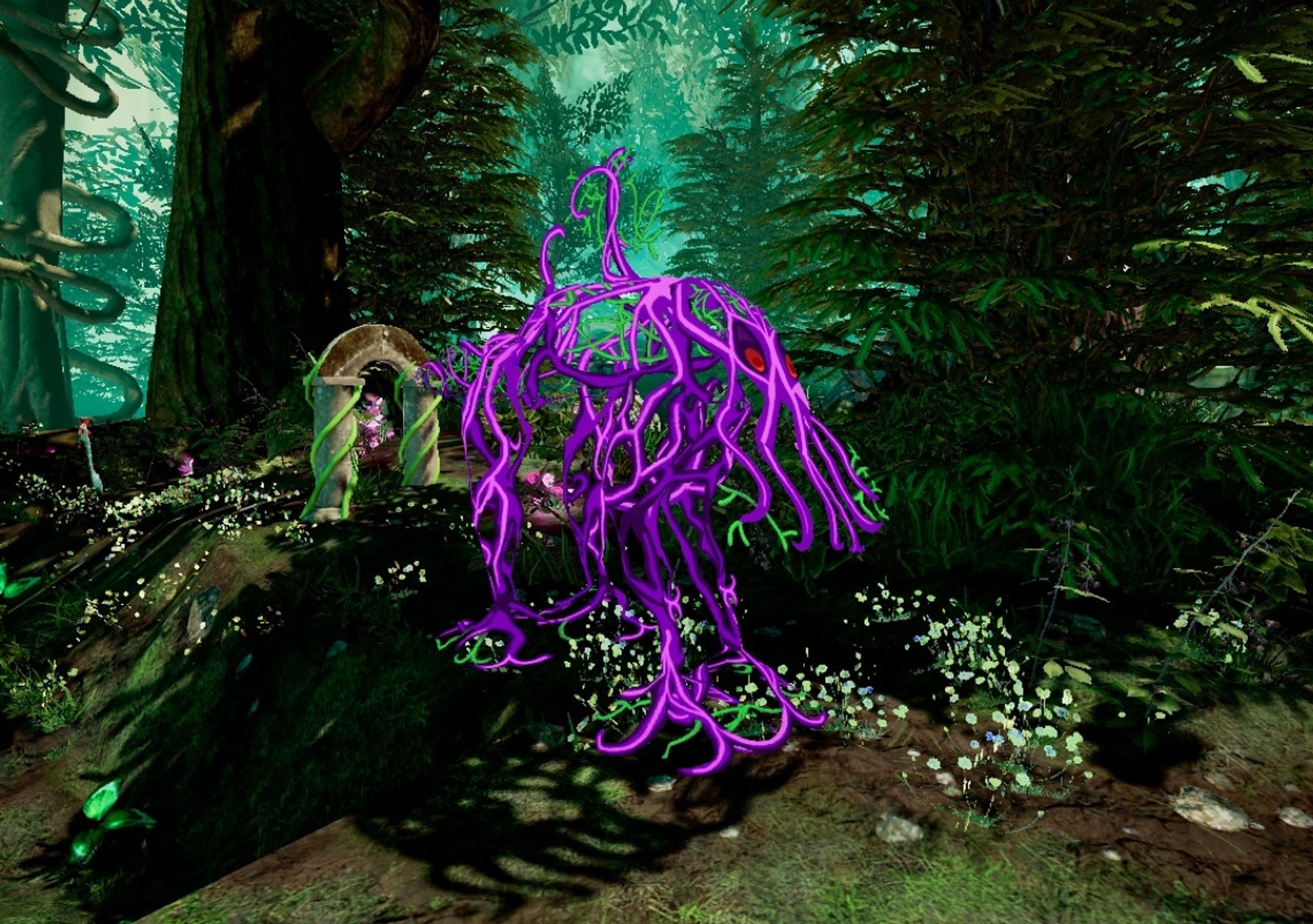 Viney looking purple creature at an angle in a forest in front of a sort of forest gate.