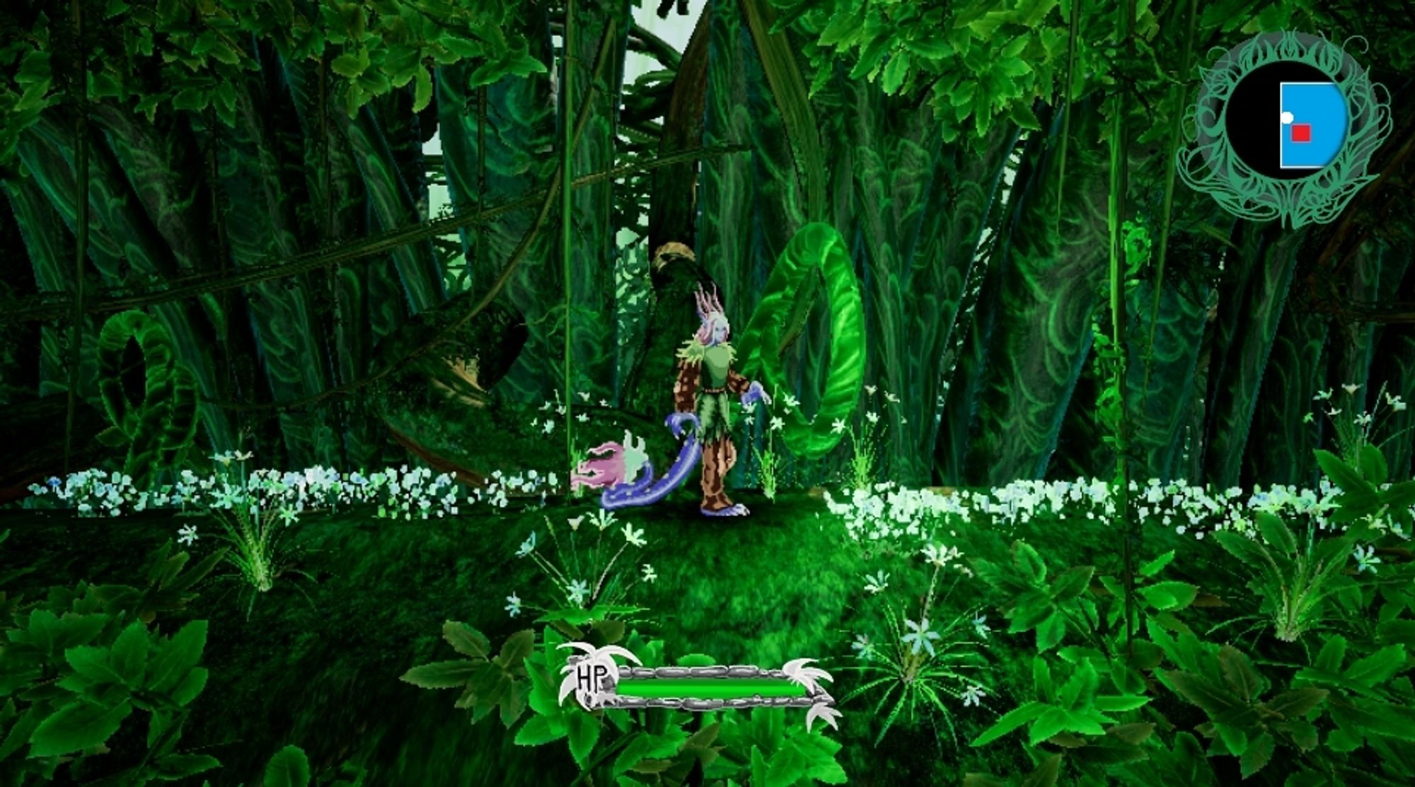 Azure stands in the middle of a bunch of green vines and plants. It is a screenshot of Divinos: Ardor of the Forest