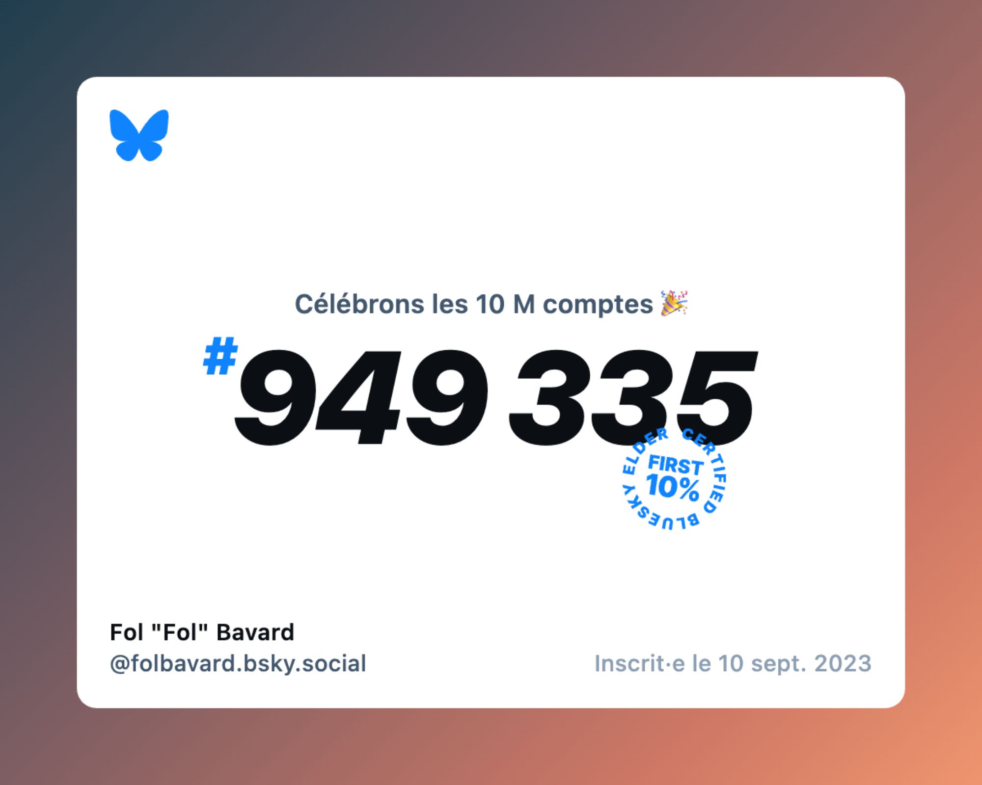 Badge célébrant les 10 millions de compte et le fait que je suis le #949 335