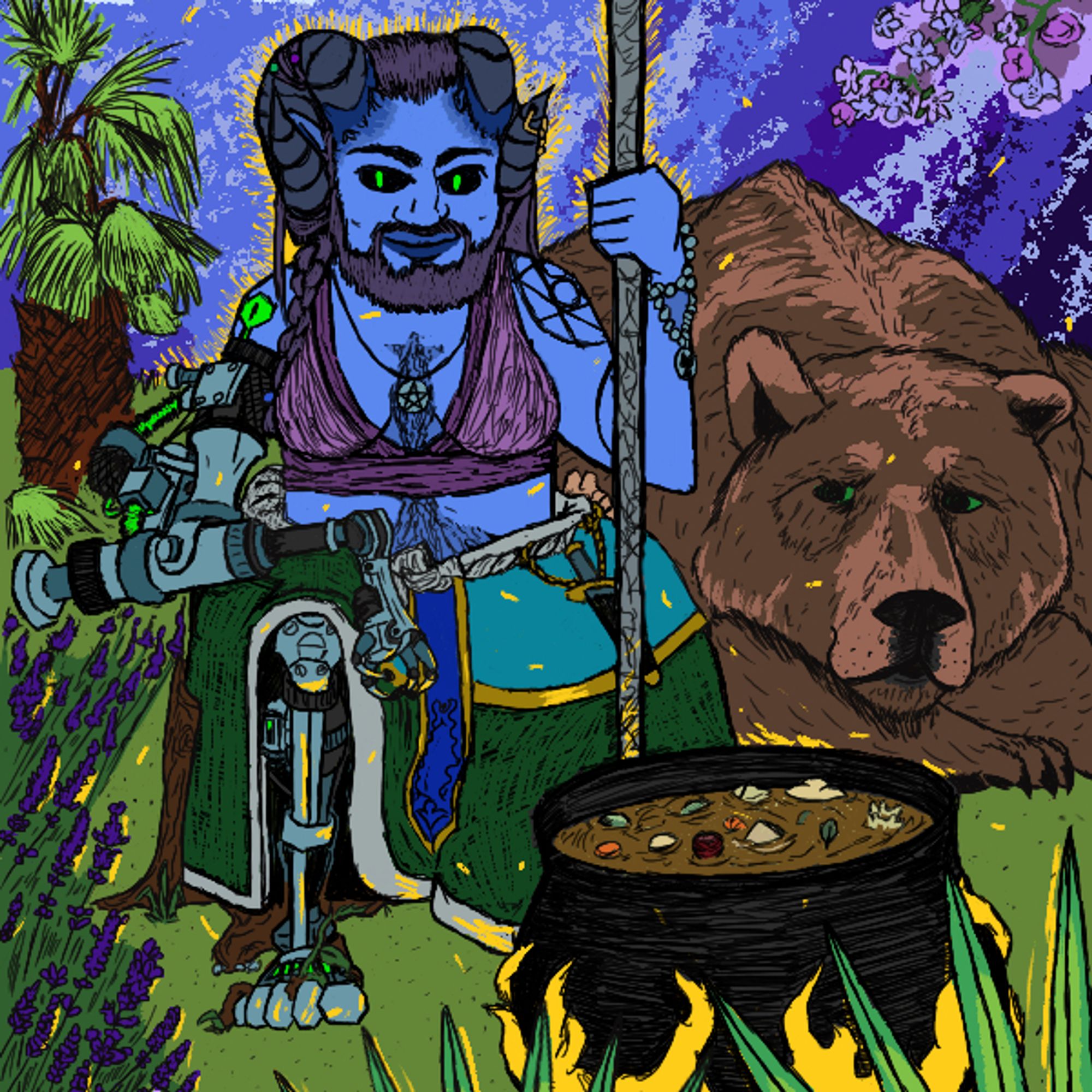 An illustration of a demonic woman with cybernetic replacements for an arm and leg. Next to her is a large stew pot and a sleepy bear.