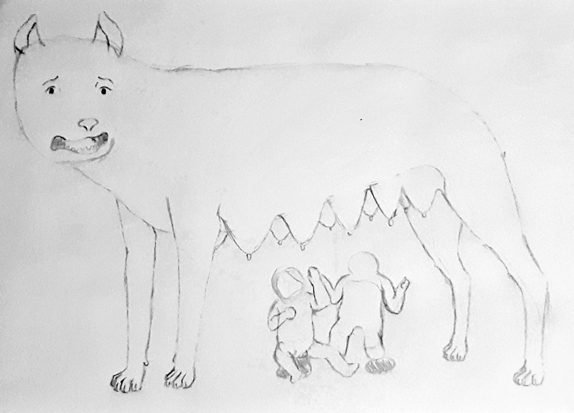 A drawing of a statue of a female dog breastfeeding romulus and remus