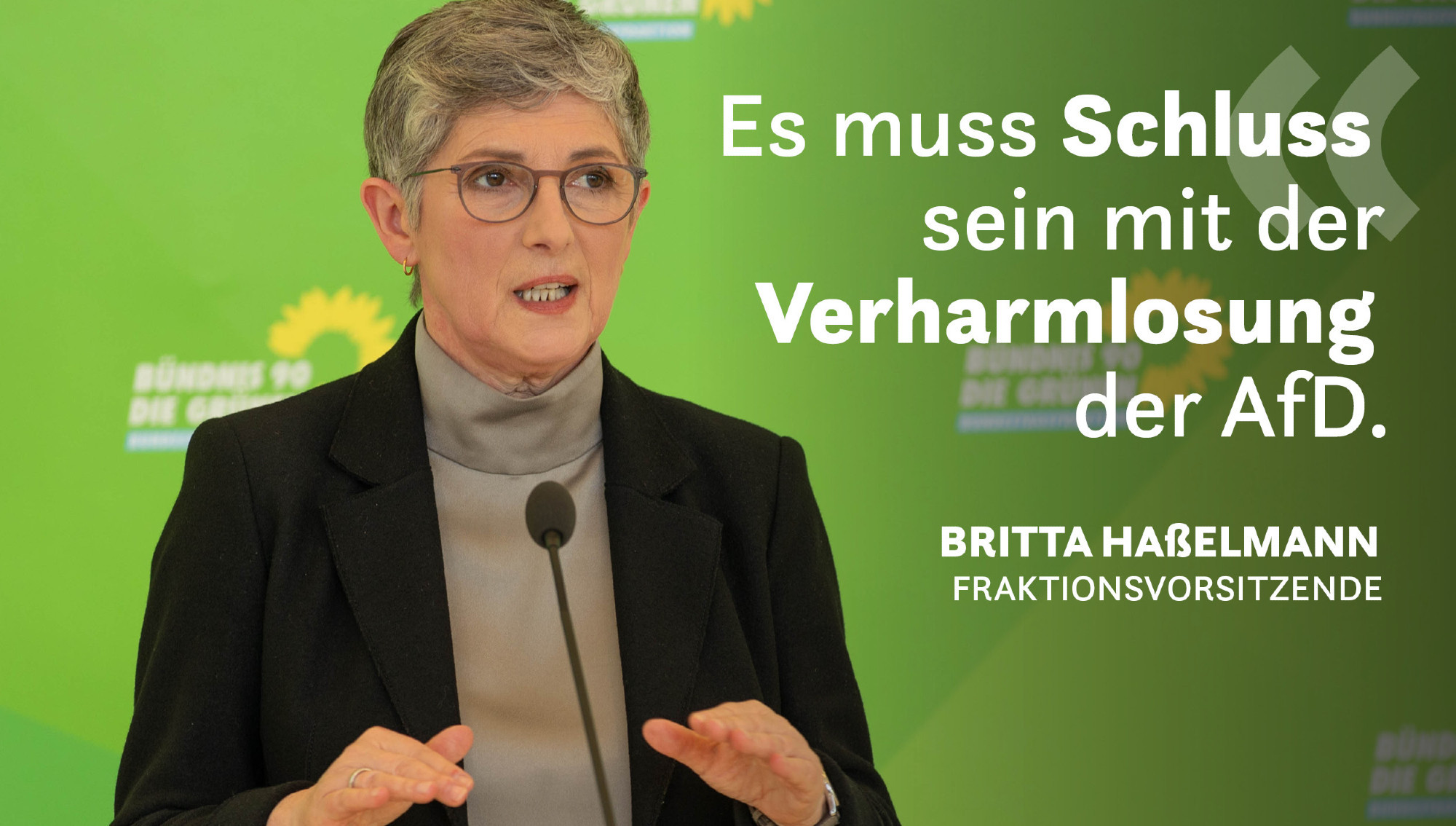 Auf dem Bild ist Britta Haßelmann, die Fraktionsvorsitzende der Partei Bündnis 90 / Die Grünen zu sehen. Sie steht vor einer grünen Pressewand. Daneben steht: "Es muss Schluss sein mit der Verharmlosung der AfD."