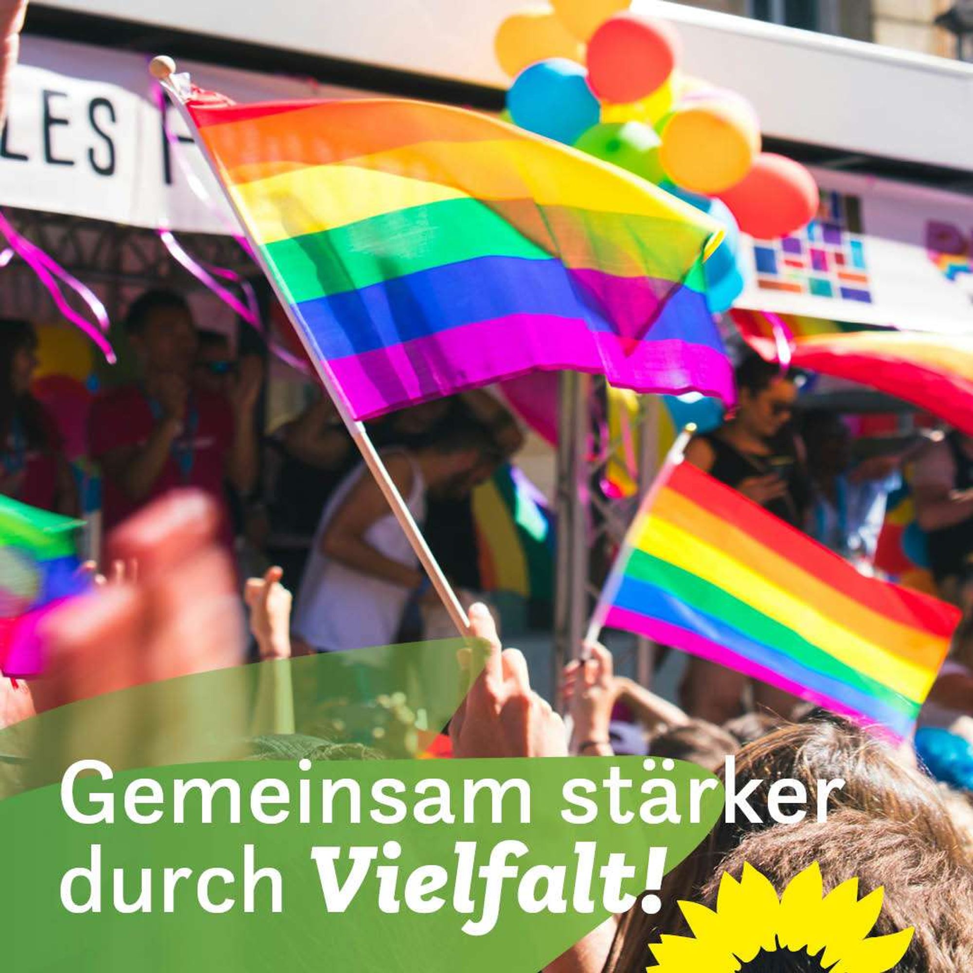 Im Hintergrund ist ein Foto einer CSD-Parade. man sieht viele Hände, die Regenbogenflaggen und Bündel von bunten Luftballons in die Höhe halten. Unten links steht "Gemeinsam stärker durch Vielfalt".