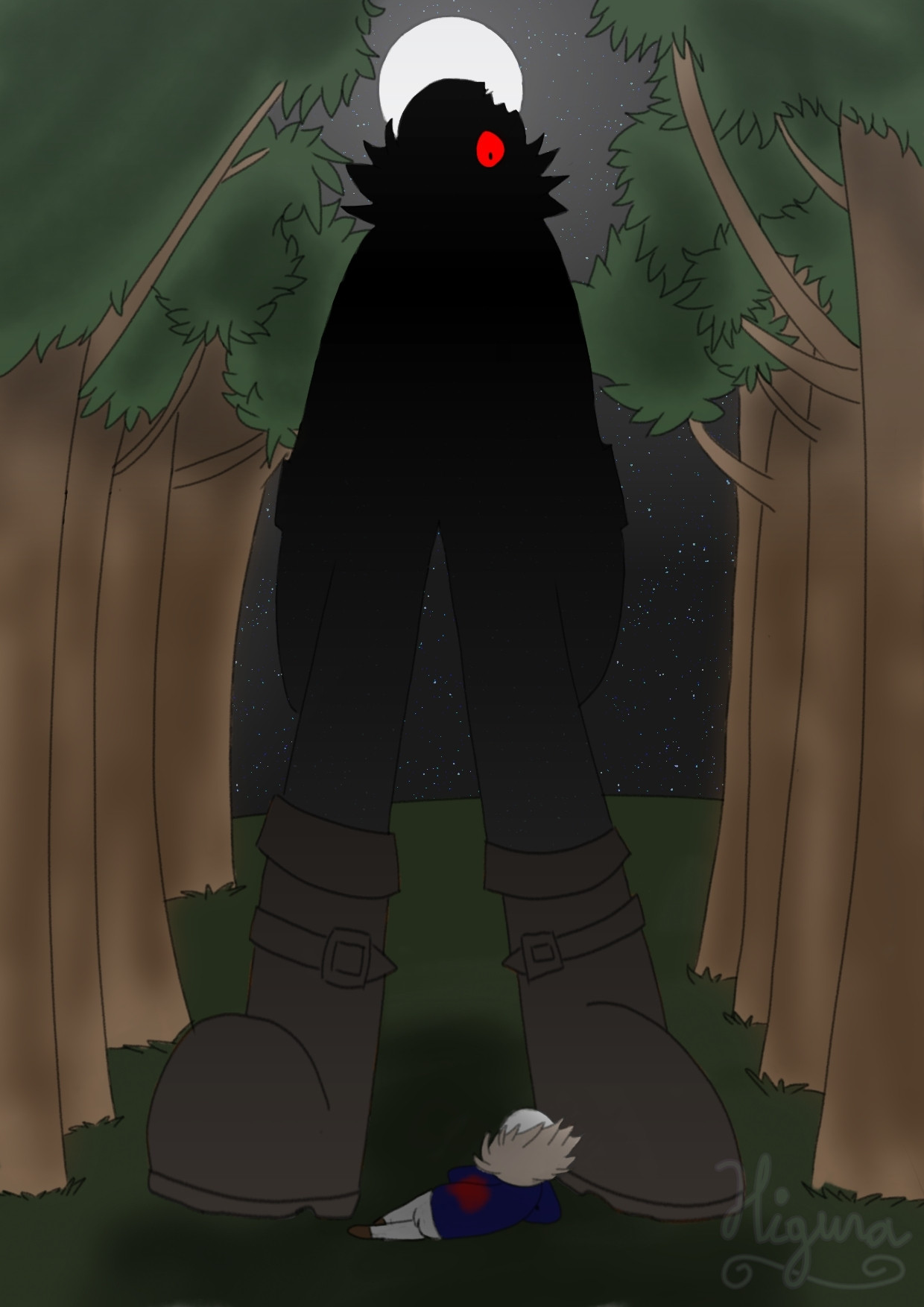 Killer in a forest at night, wounded and bleeding, standing in front of a giant Horror, who's figure is a shadow, only his glowy red eyes is clearly visible.