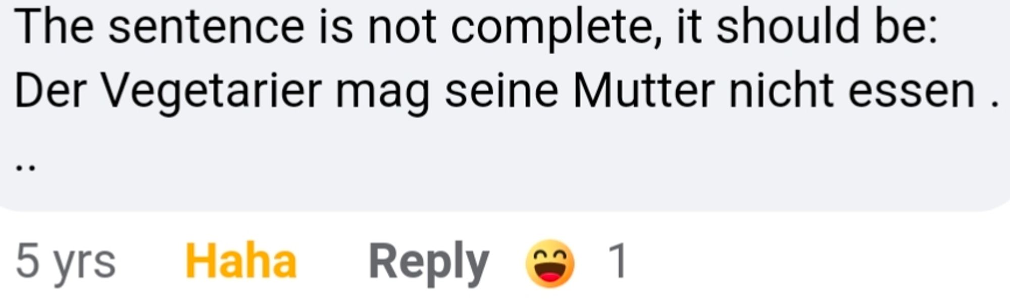 "The sentence is not complete, it should be: Der Vegetarian mag seine Mutter nicht Essen"