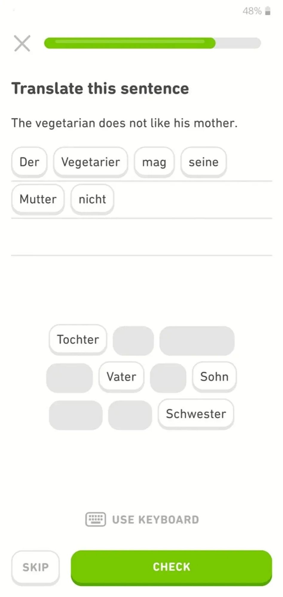 A Duolingo challenge to translate "the vegetarian does not like his mother" into German