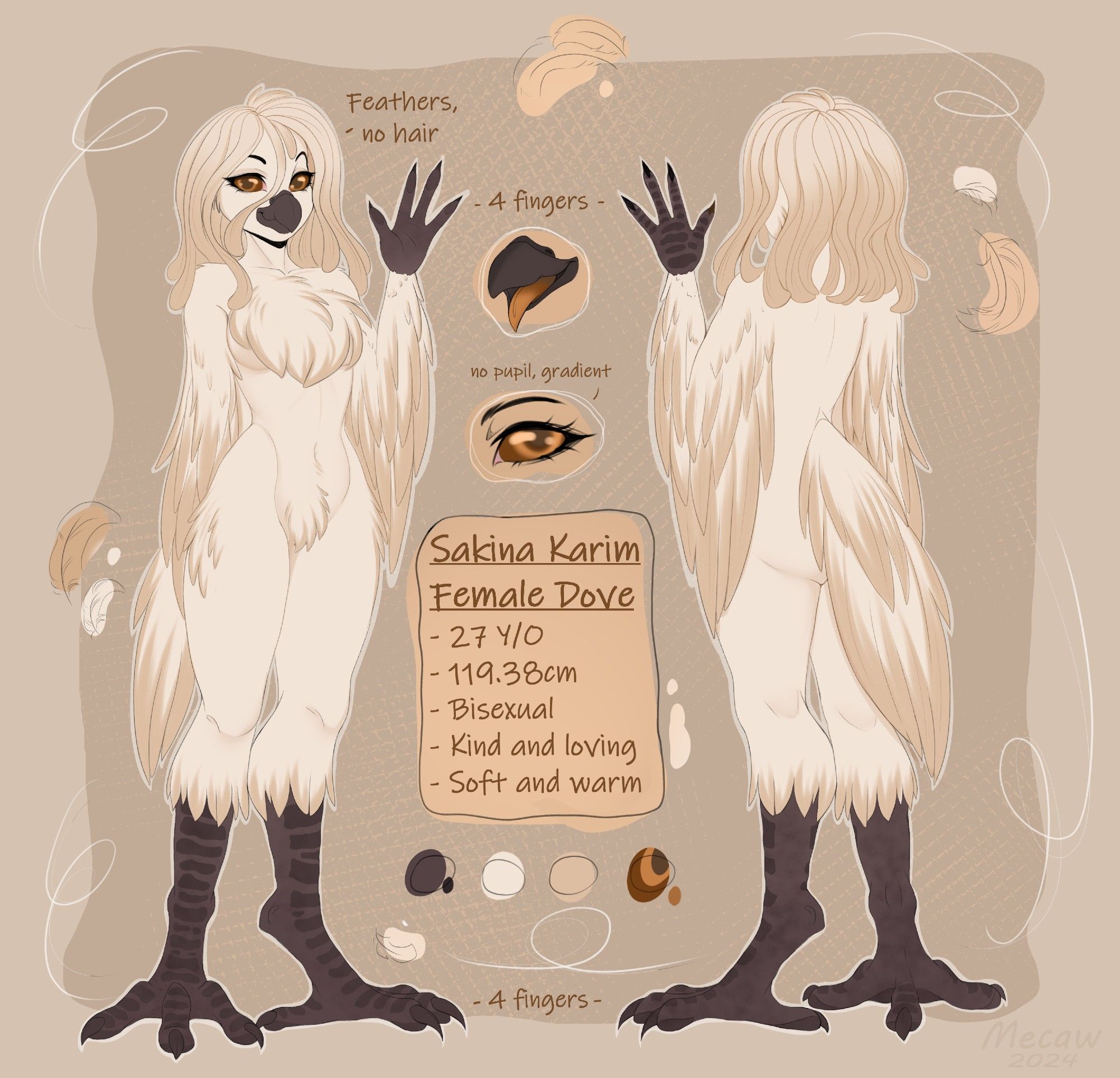 A small reference sheet of a woman who looks like an anthropomorphic dove
The reference sheet points out that she only has four fingers and her eye are a solid color, as well as her age (27), height (119.38cm), sexuality (bisexual), and four of her traits. She's kind and loving, as well as soft and warm