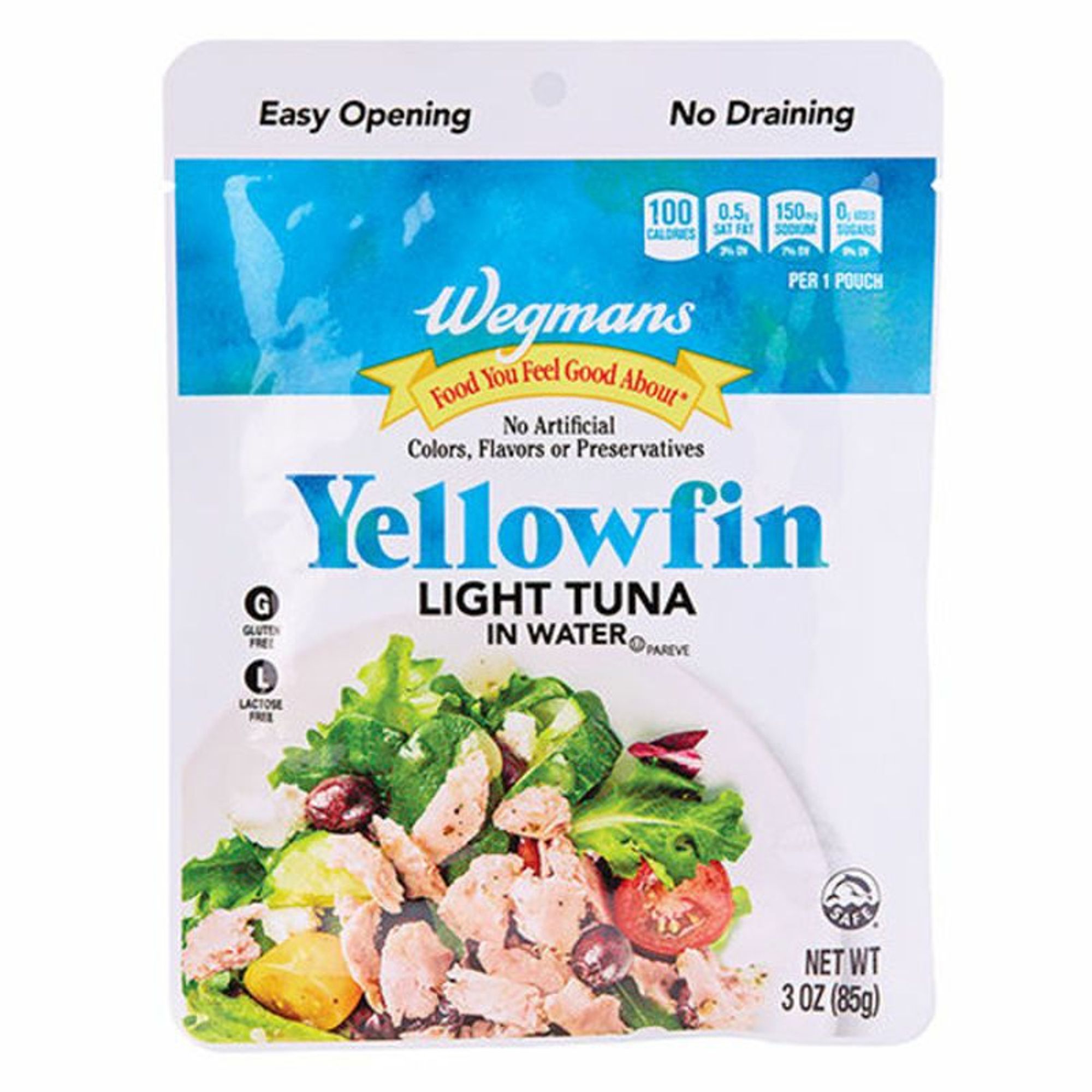 A Wegmans brand retort pouch of 3oz yellowfin light tuna in water. There is a picture on the pouch of the tuna being used in a salad.