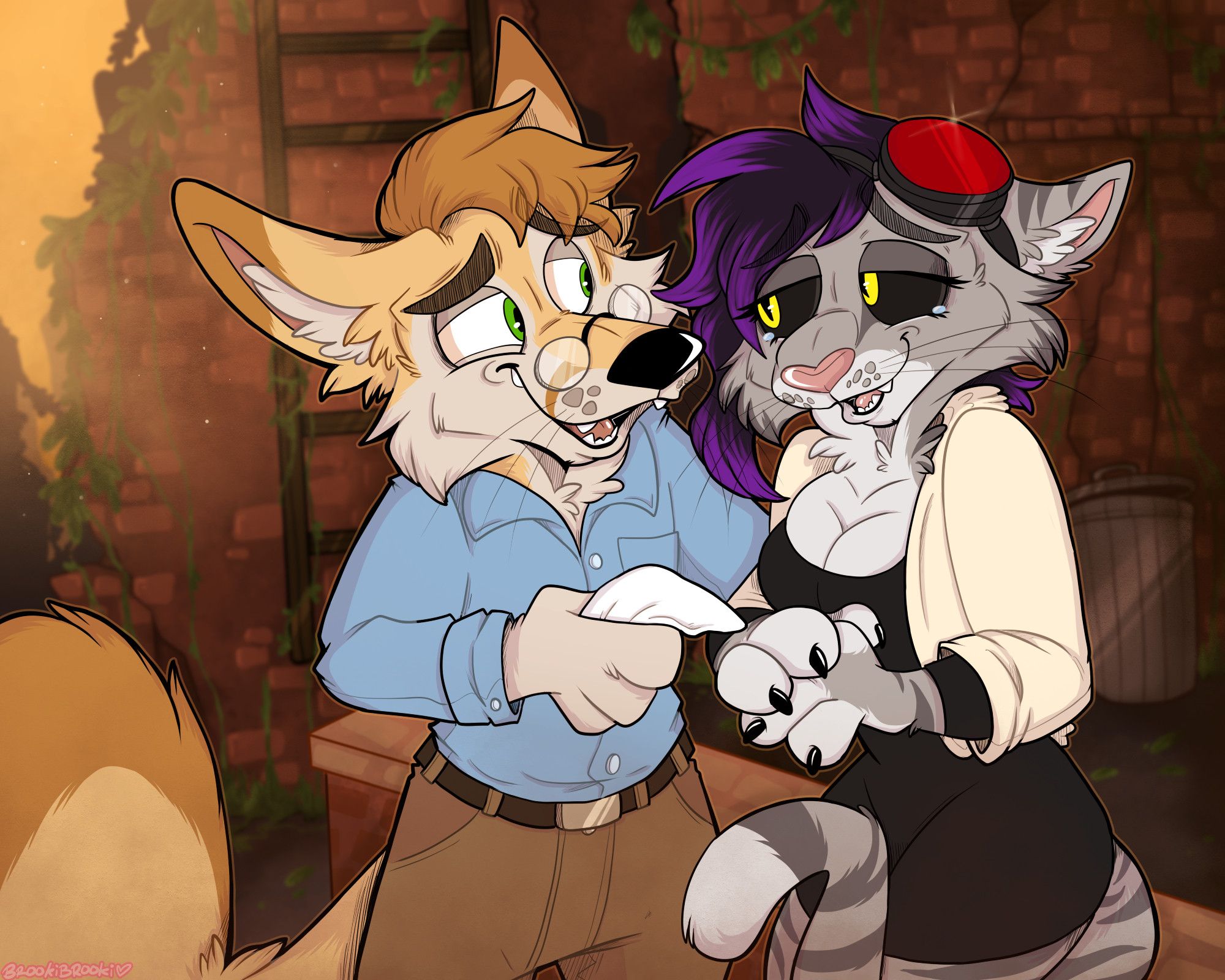 Roho, an anthropomorphic male fennec, and Grave, an anthropomorphic female silver tabby. They are standing in a demolished cityscape. She looks like she has been crying, but is now smiling hopefully. He is offering her his handkerchief and smiling hopefully back.