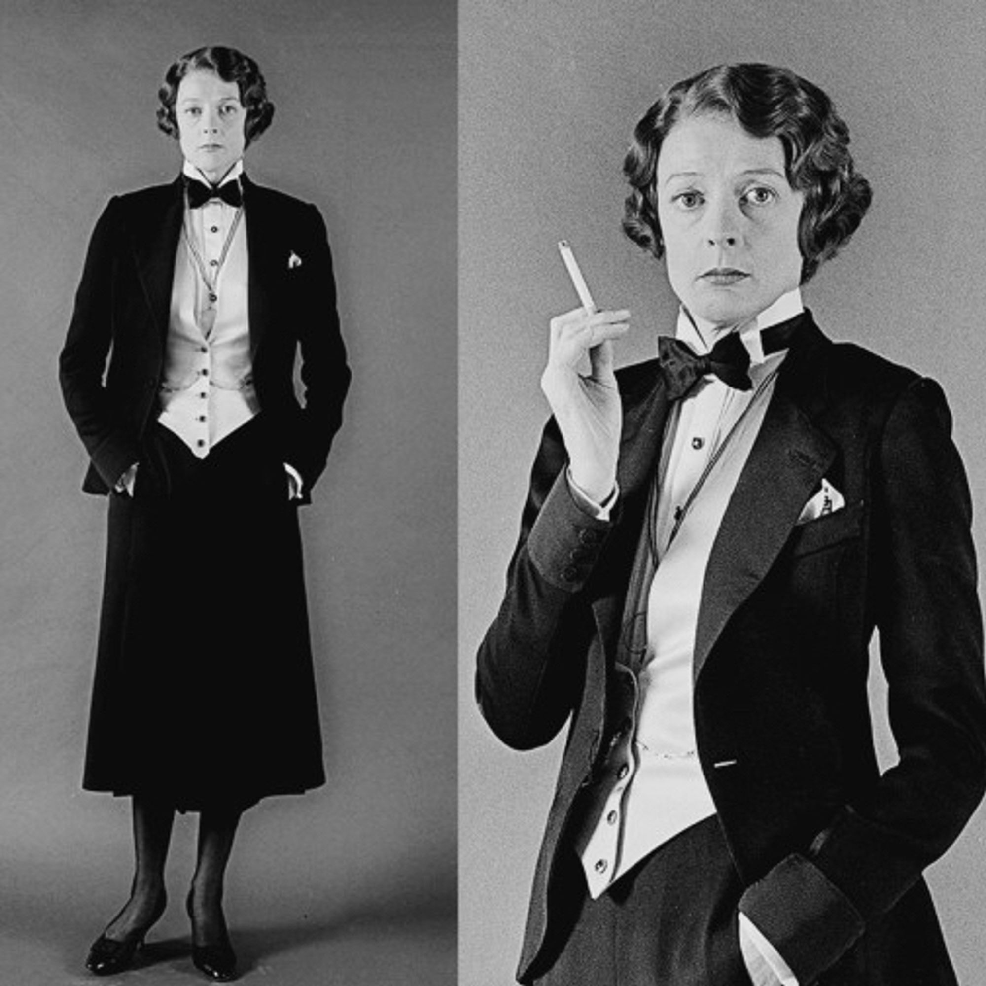 double portrait (b/w) of maggie smith —rocking a fab tuxedo, marcel wave in her hair, and smoking a ciggie