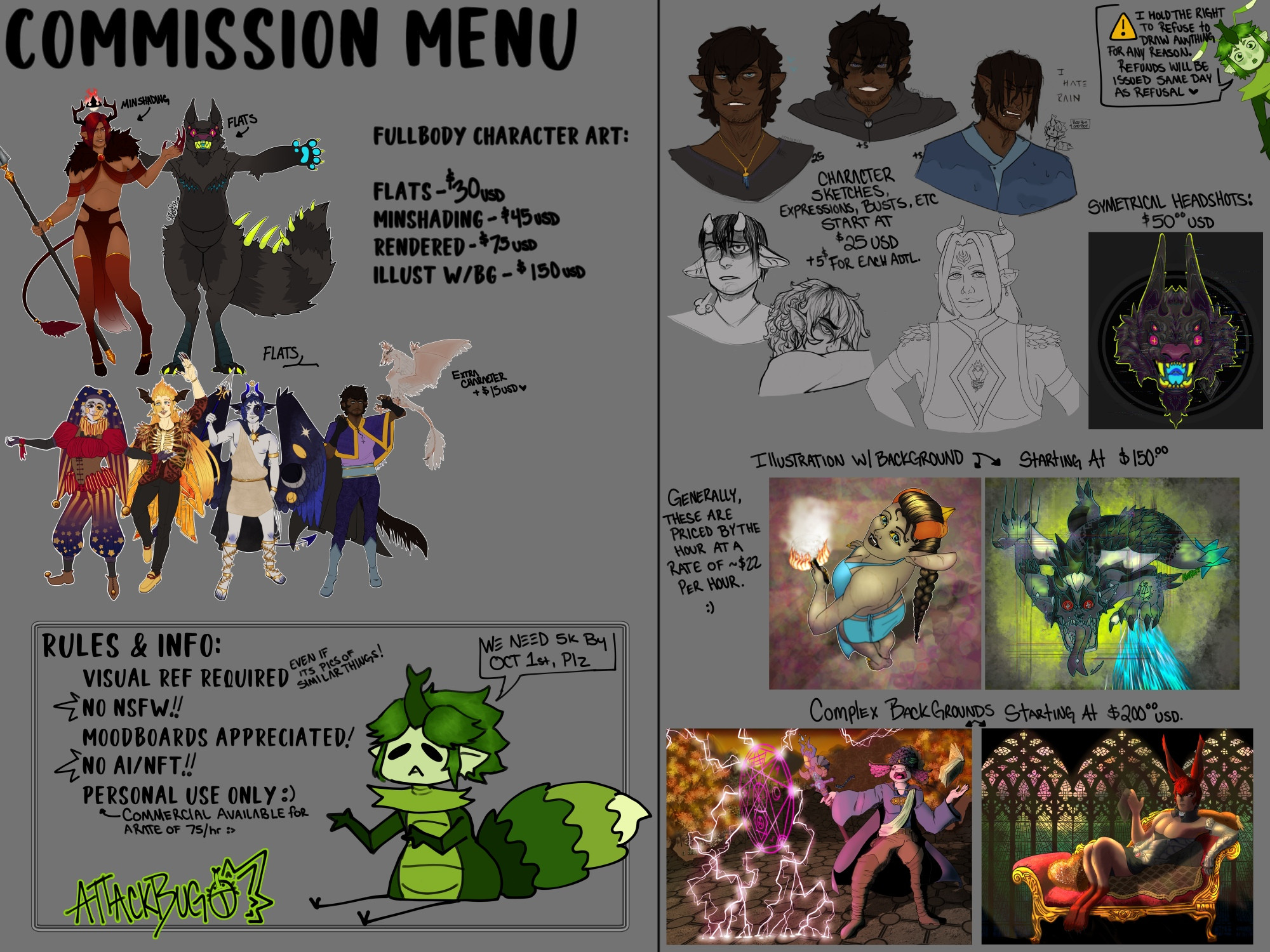 A "COMMISSION MENU" showcasing several characters and art pieces. More info in the following posts. 
