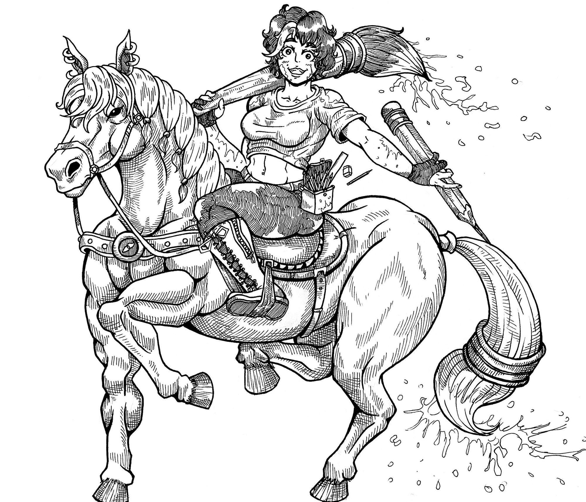 Desenho tradicional digitalizado de uma mulher montada em um cavalo, portando um pincel e lápis comicamente grande e outros materiais de desenho