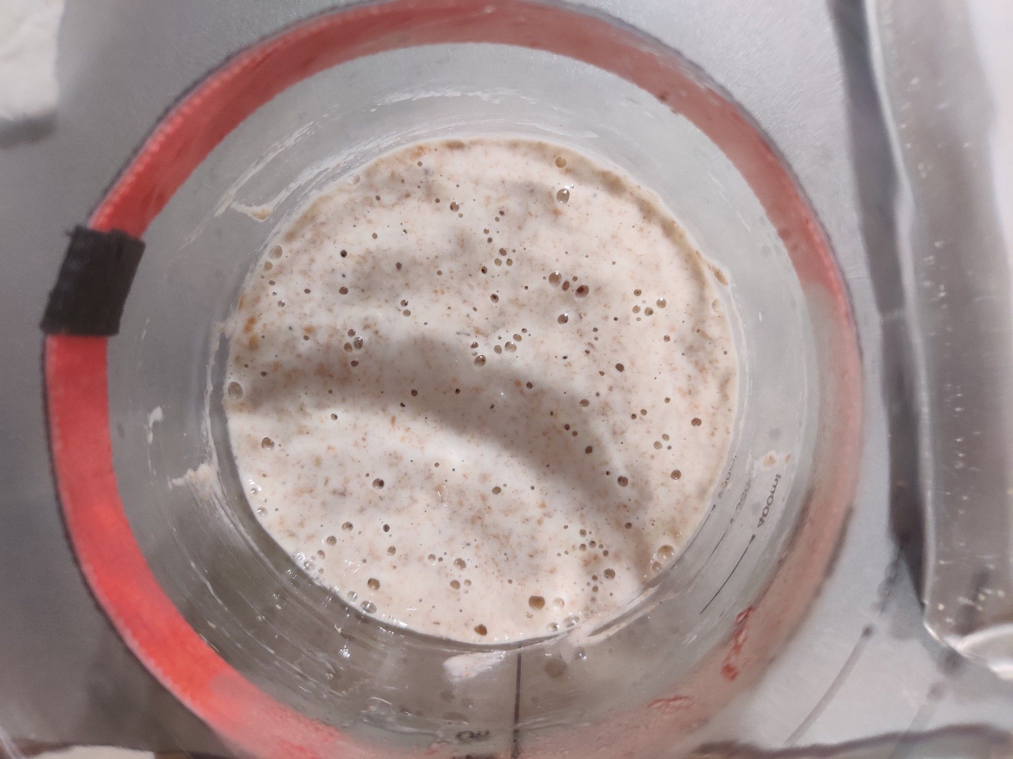 sourdough starter activity top view, bubbly